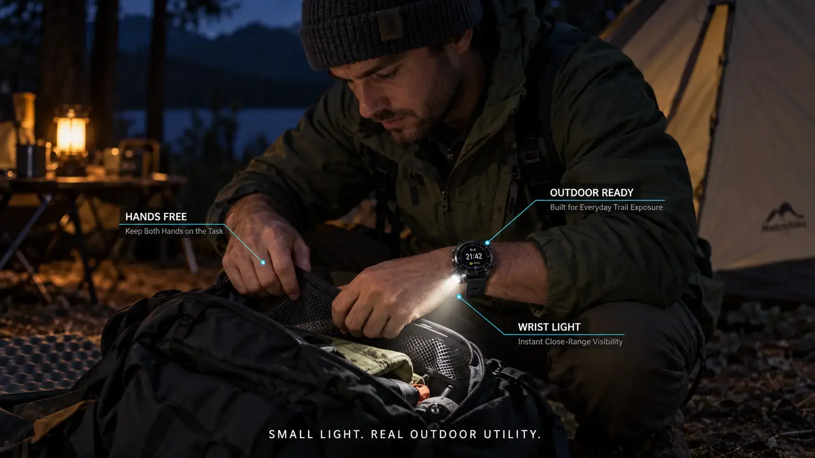 Camper using a smartwatch LED light for a hands-free nighttime campsite task.