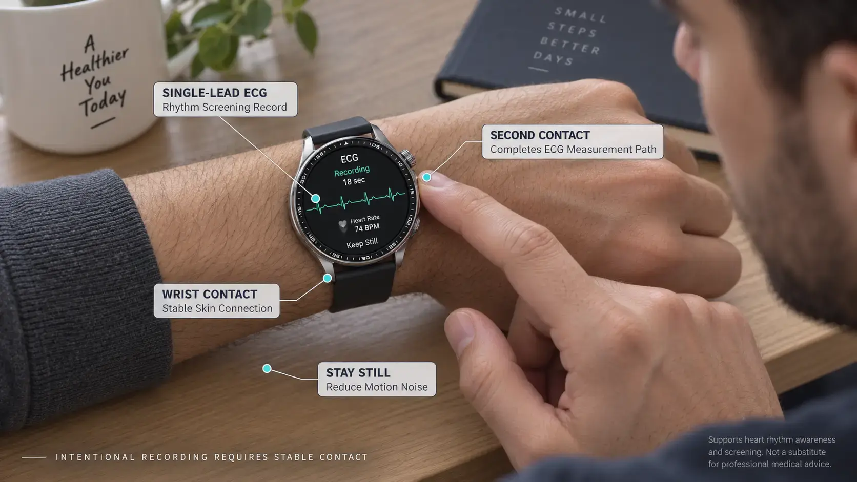 User recording a single-lead ECG on a smartwatch while seated still with correct electrode contact.