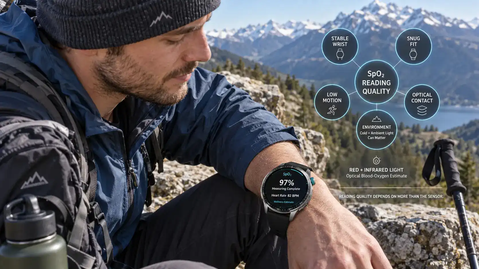 Hiker checking a smartwatch SpO₂ reading while resting after high-altitude outdoor activity.
