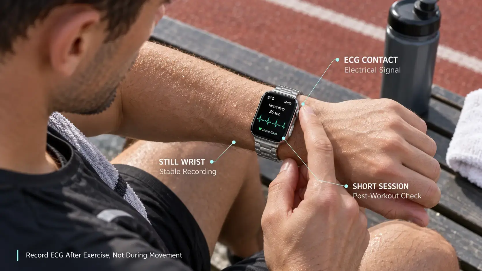 Runner recording ECG on a sport watch during post-workout recovery.