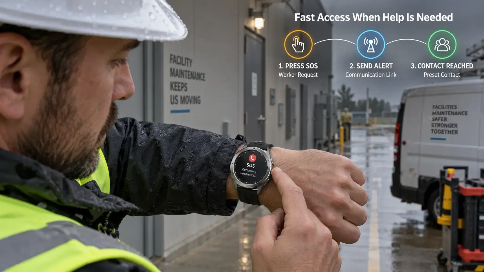 Lone worker pressing the SOS button on a voice call watch. Lone worker pressing the SOS button on a voice call watch.