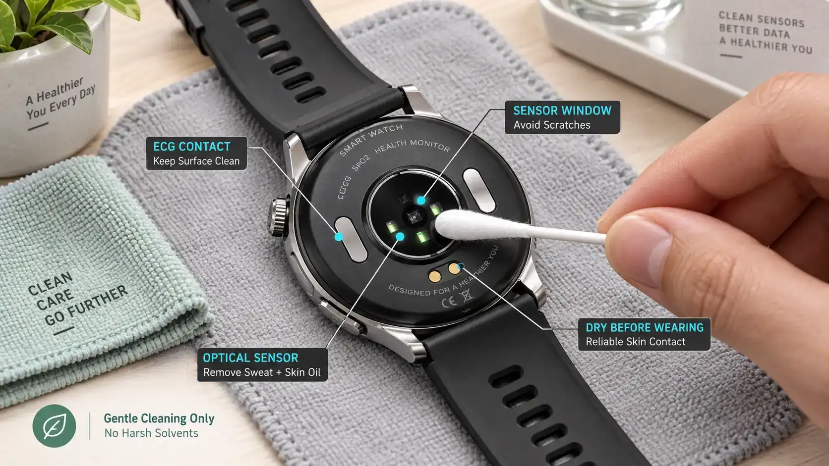 Cleaning ECG electrodes and SpO2 optical sensors on a smartwatch. Cleaning ECG electrodes and SpO2 optical sensors on a smartwatch.
