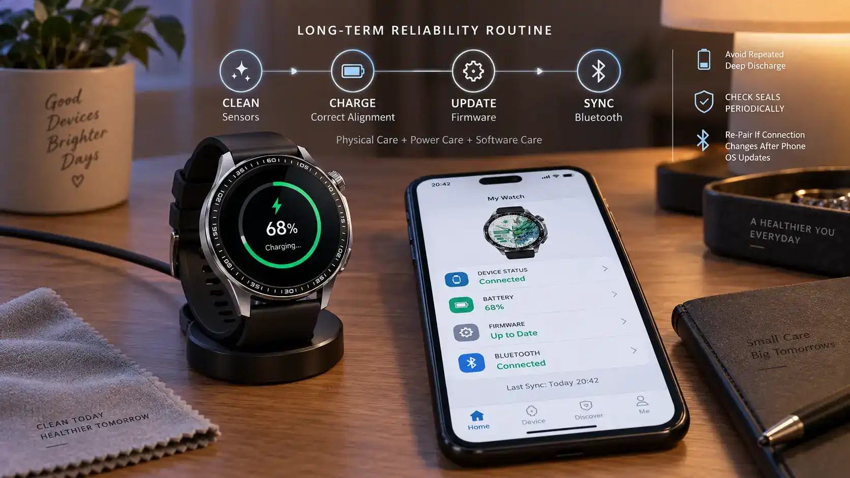 Smartwatch charging while firmware and Bluetooth status are checked on a phone. Smartwatch charging while firmware and Bluetooth status are checked on a phone.