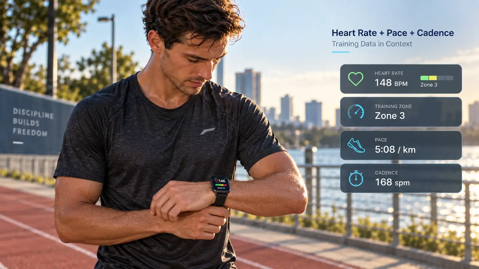 Runner wearing a heart rate smartwatch correctly for stable PPG sensor contact. Runner wearing a heart rate smartwatch correctly for stable PPG sensor contact.