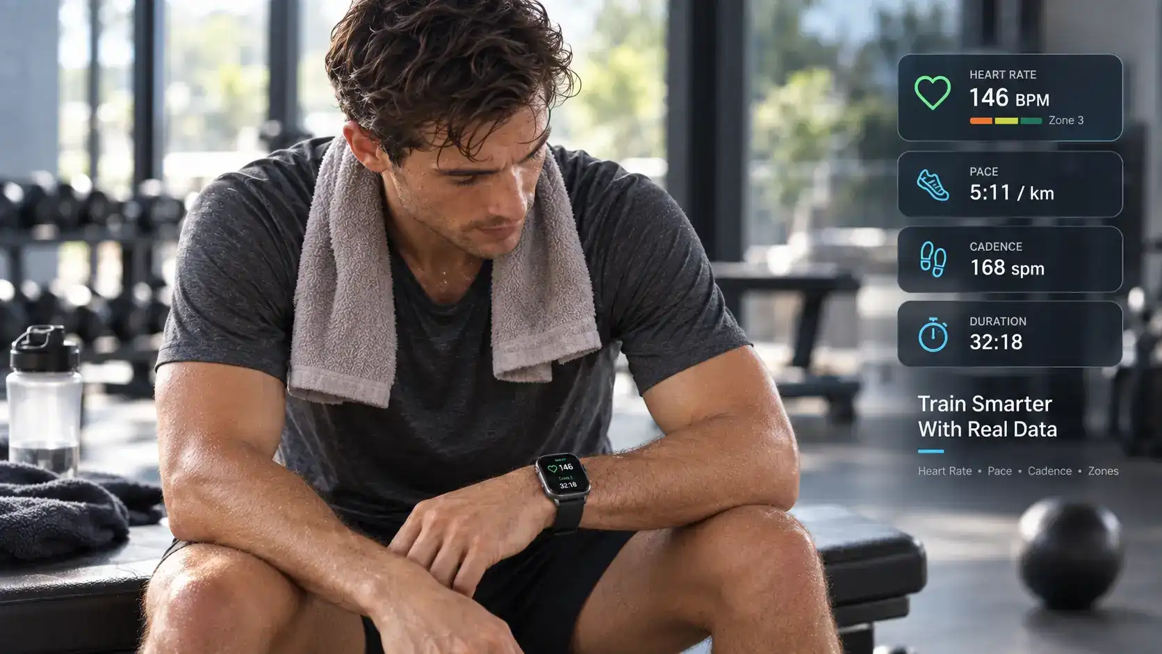 Runner reviewing heart rate zones, pace and cadence data after training.