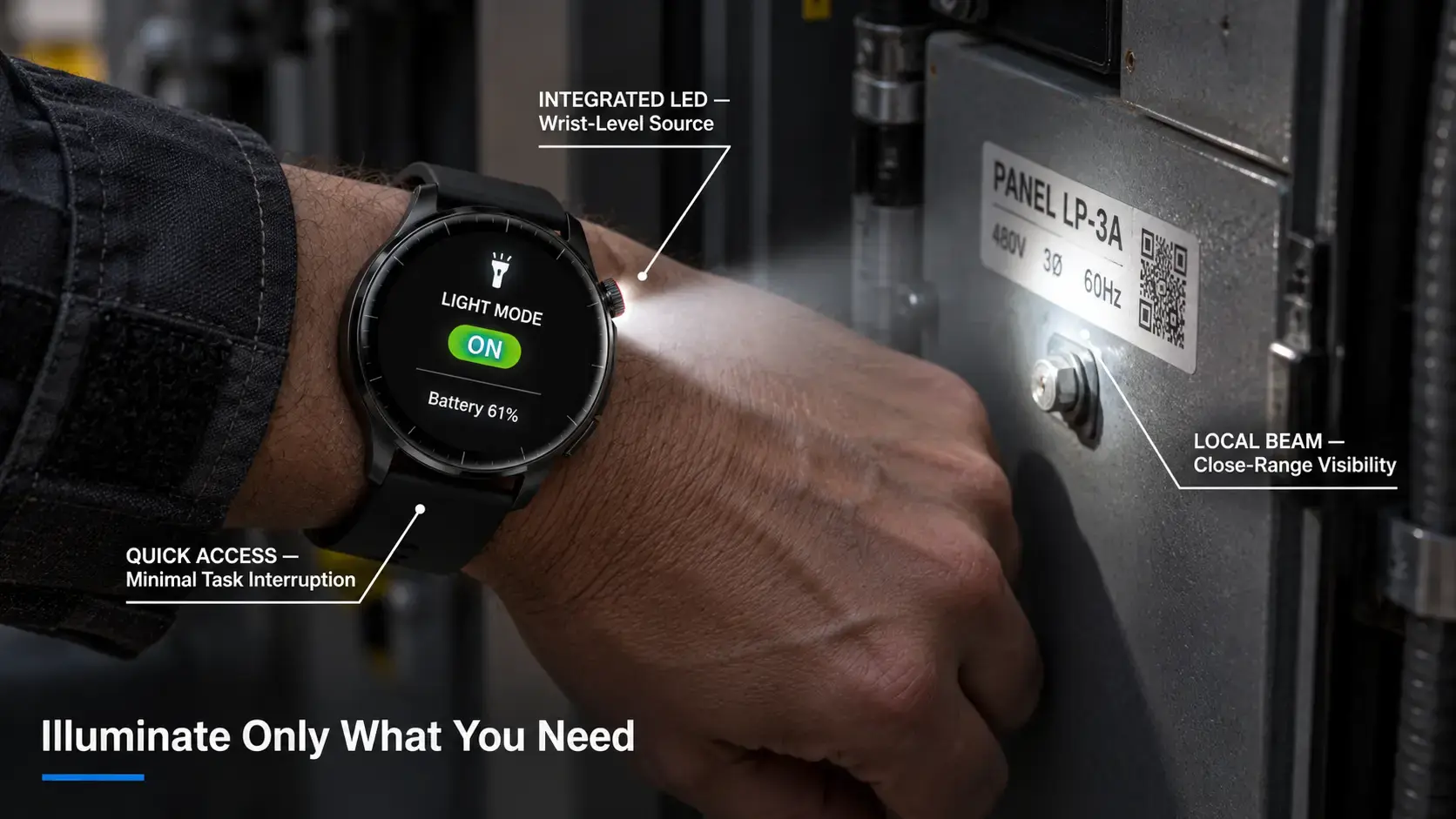 Technician using a smartwatch LED to inspect a nearby equipment detail. Technician using a smartwatch LED to inspect a nearby equipment detail.