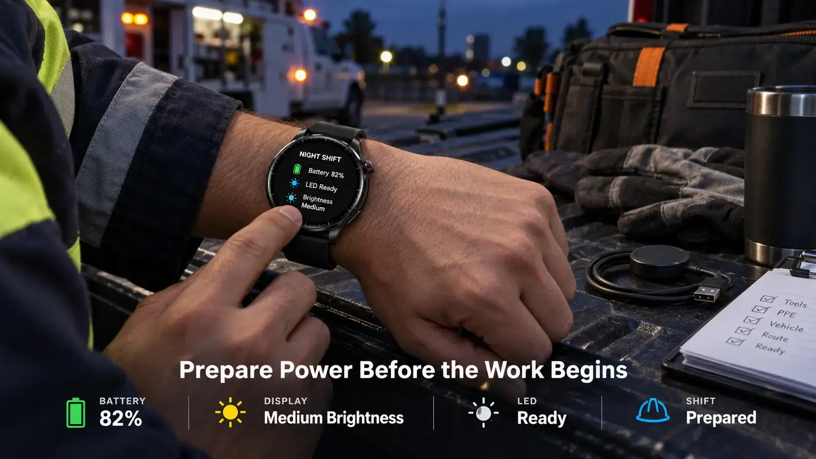 Worker checking smartwatch LED and battery status before a night shift.