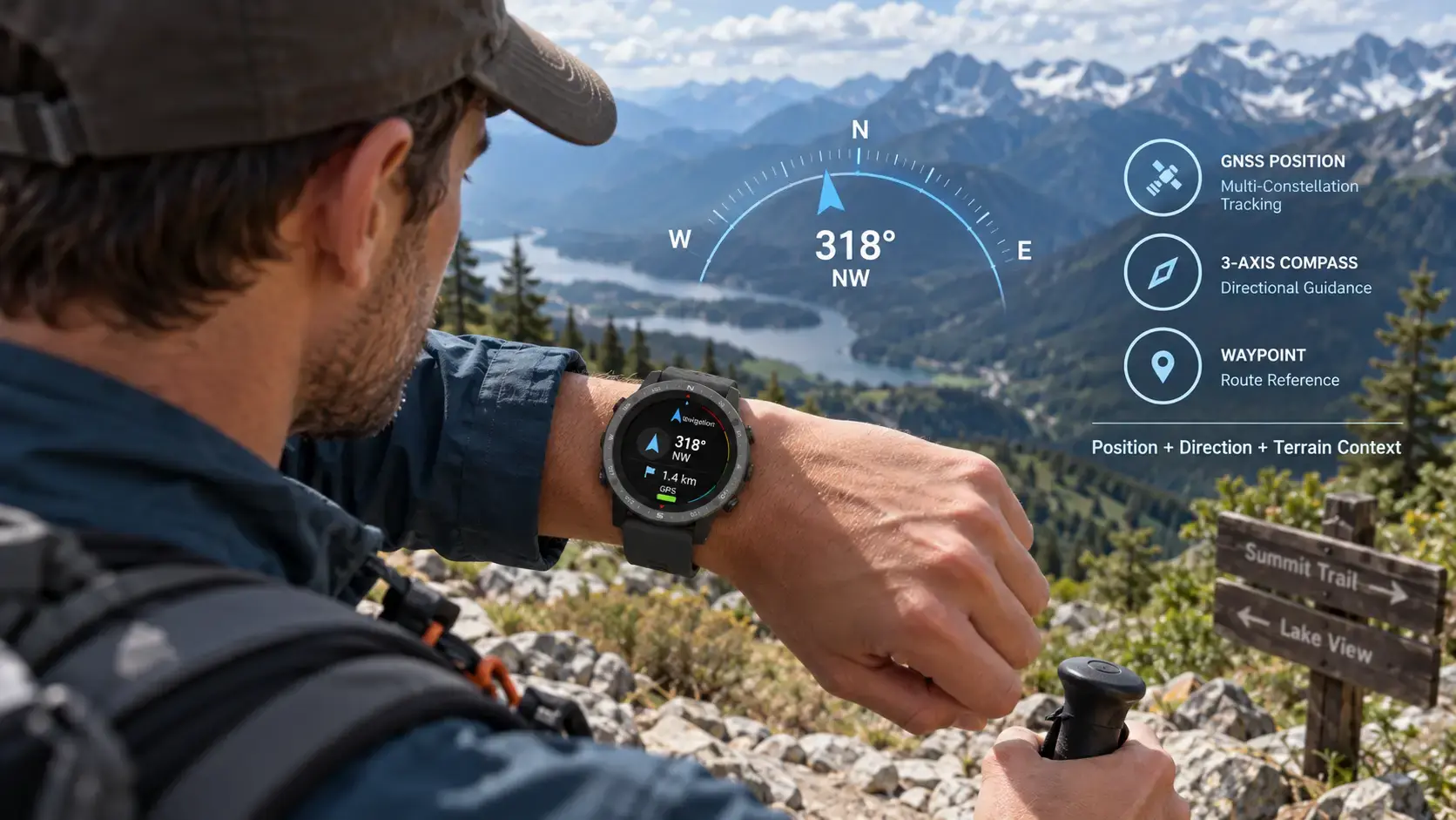Forestry worker using GPS position and compass heading on a smartwatch. Forestry worker using GPS position and compass heading on a smartwatch.
