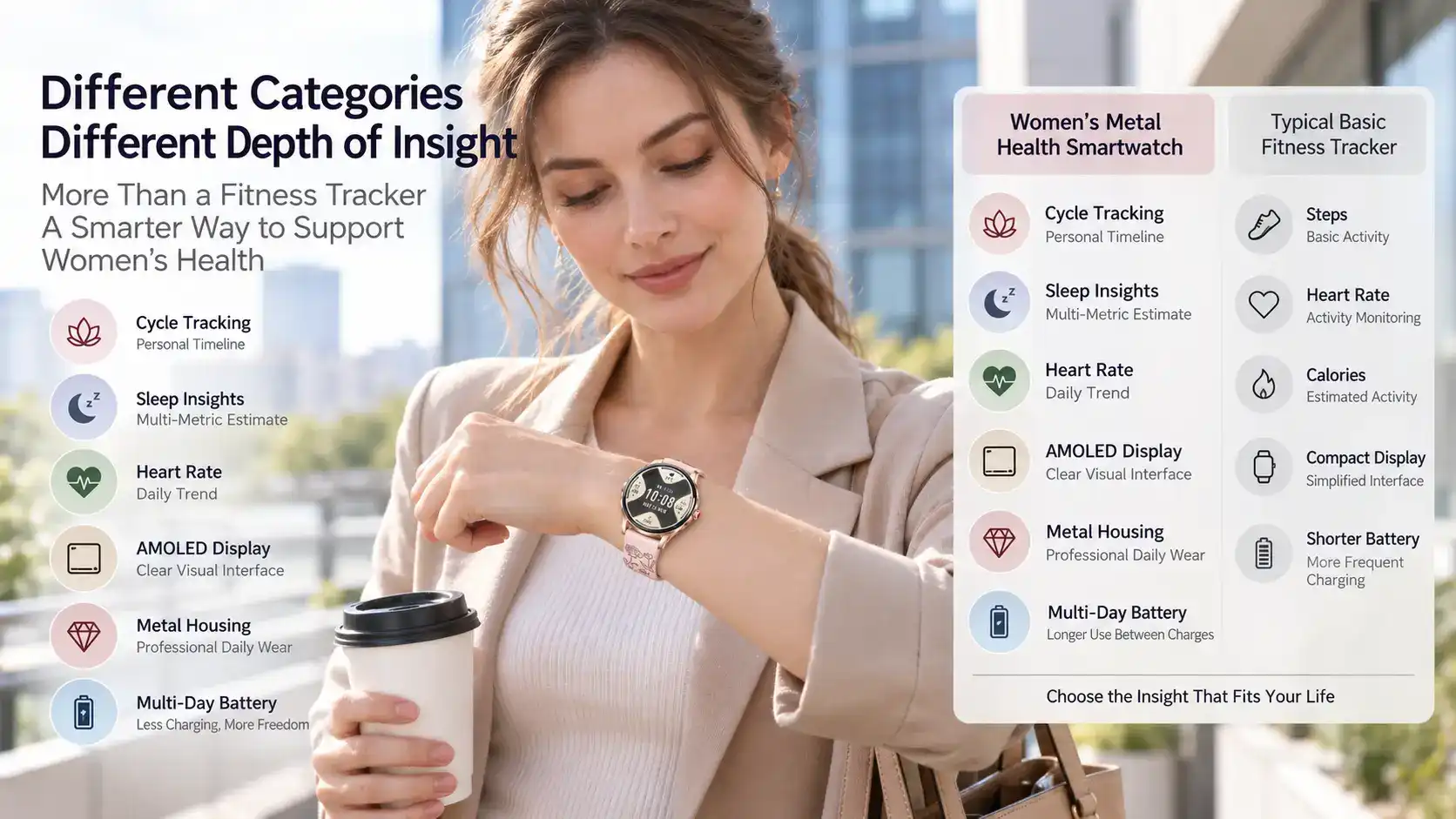 Woman reviewing cycle, sleep and heart rate trends on a health smartwatch. Woman reviewing cycle, sleep and heart rate trends on a health smartwatch.