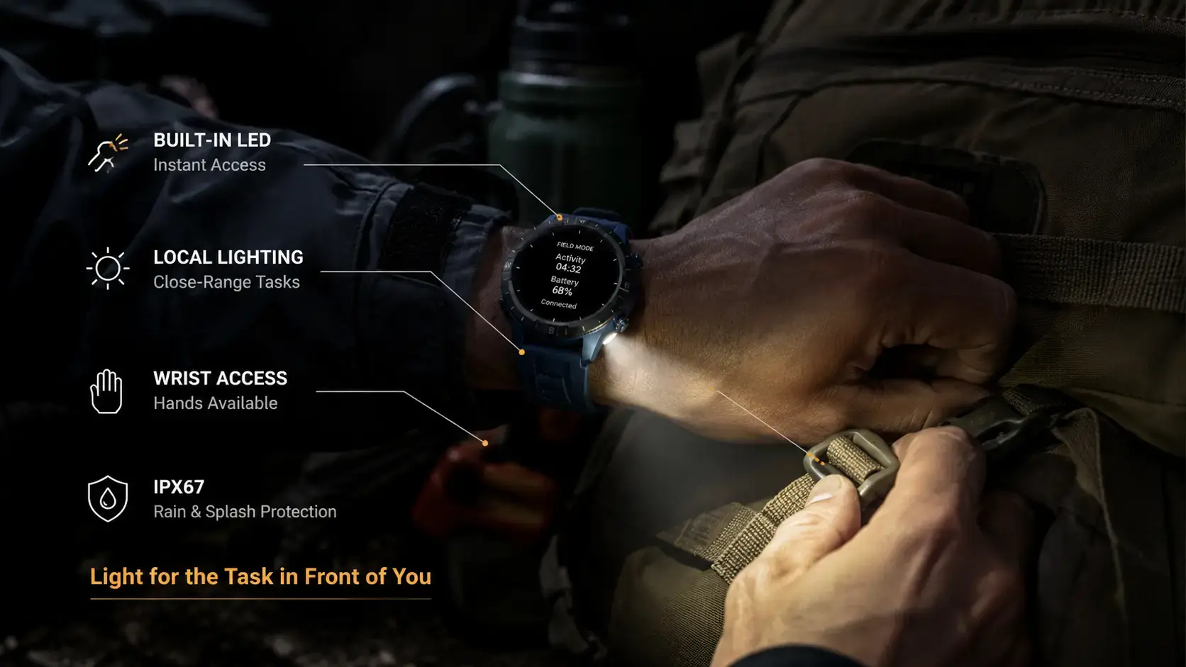 Worker using a smartwatch LED light for a close-range field task.