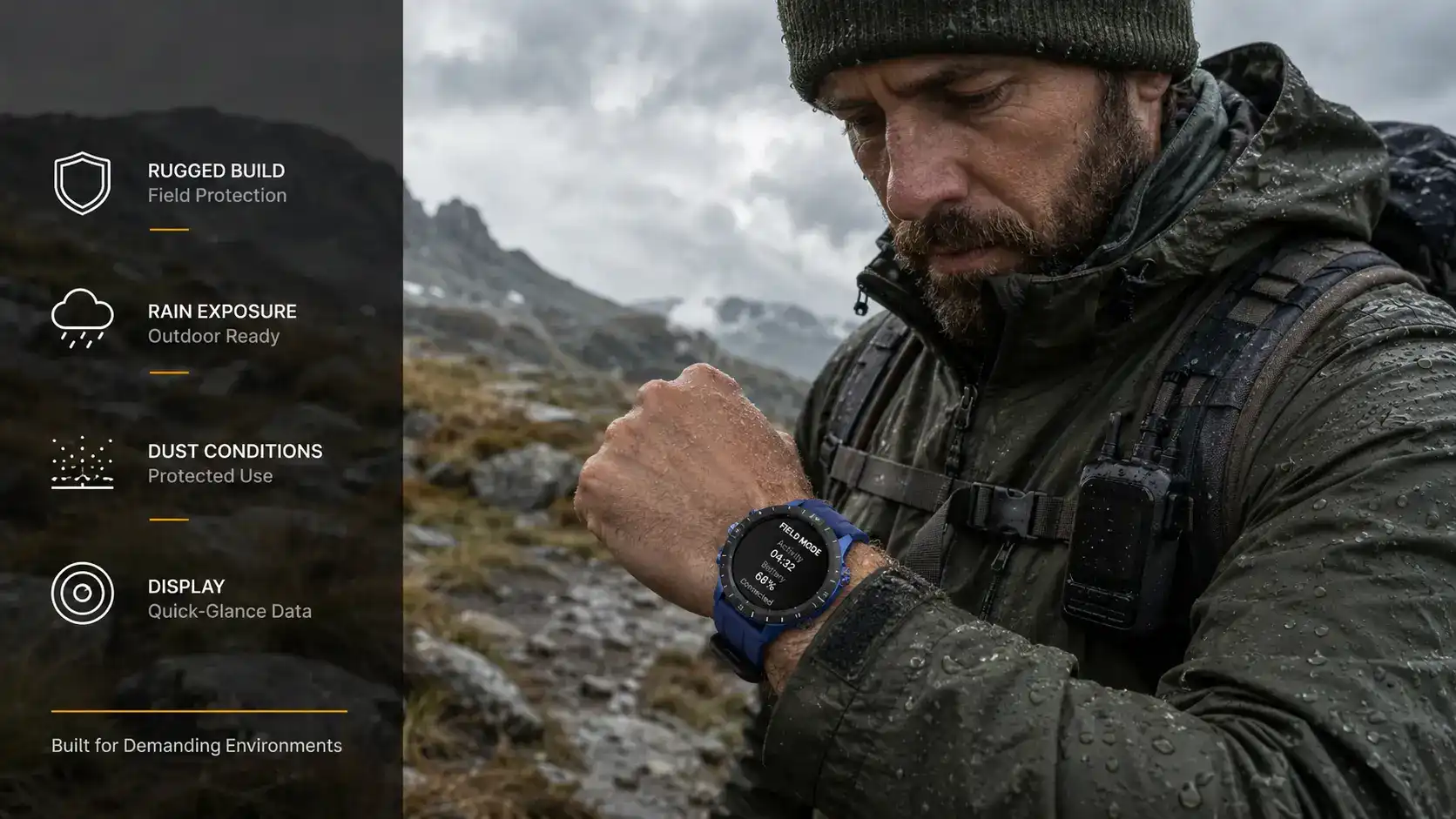 Outdoor user cleaning a rugged smartwatch after wet field use. Outdoor user cleaning a rugged smartwatch after wet field use.