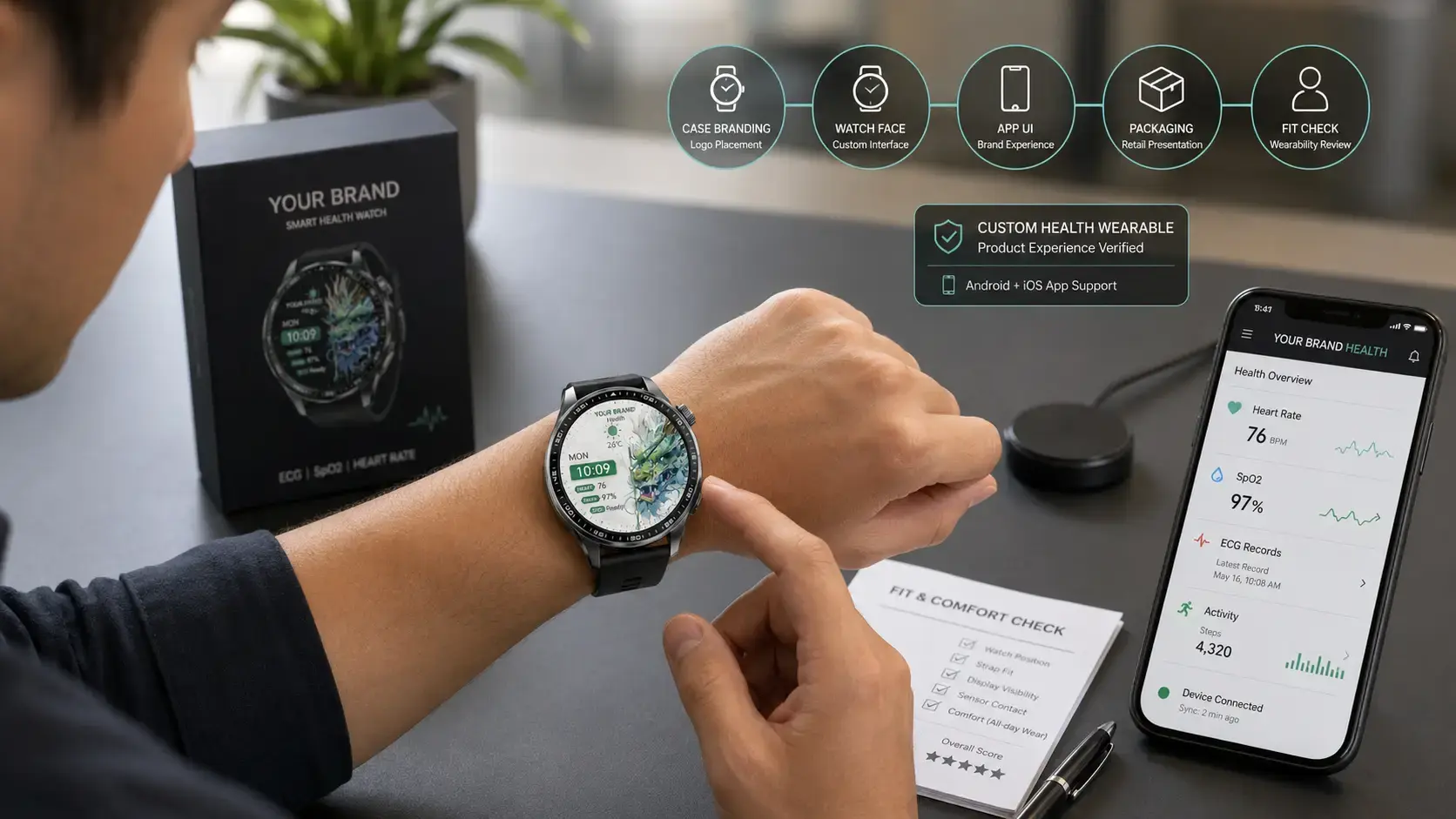 Cyclist reviewing synced workout data after training with a sports smartwatch.