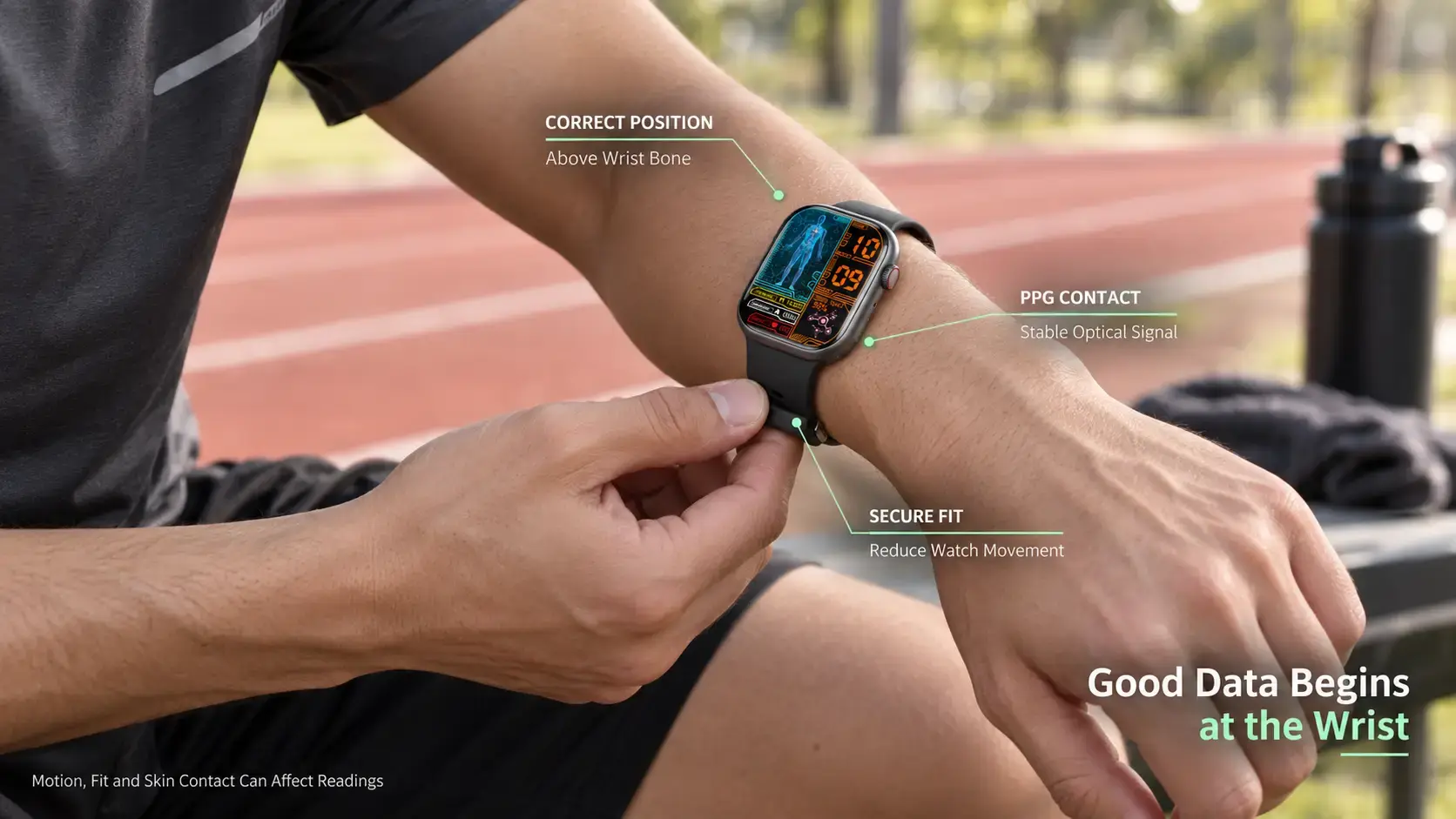 Runner adjusting smartwatch fit for stable optical heart-rate tracking.