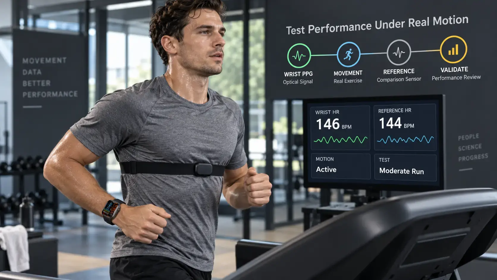Athlete undergoing controlled treadmill testing with a wrist heart-rate smartwatch and reference sensor.
