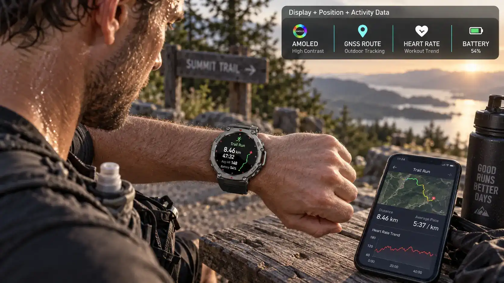 User viewing a dark high-contrast AMOLED smartwatch interface in low light. User viewing a dark high-contrast AMOLED smartwatch interface in low light.