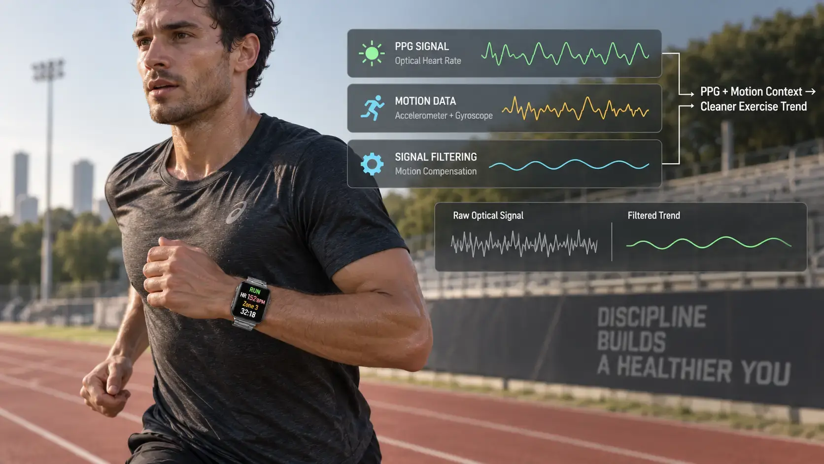 Runner using smartwatch PPG and motion sensing during training. Runner using smartwatch PPG and motion sensing during training.