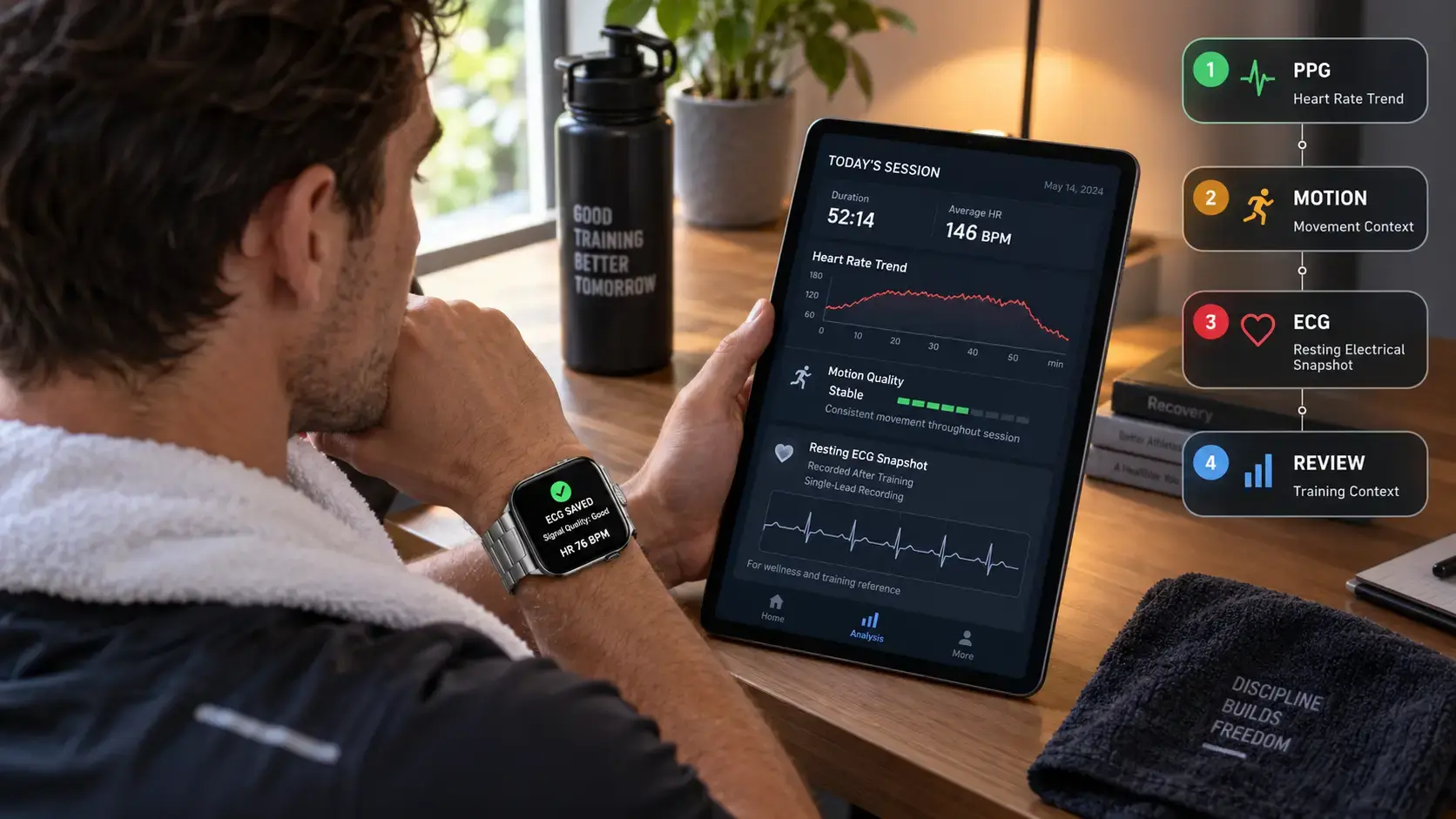 Athlete reviewing ECG, heart rate, and motion data after training.