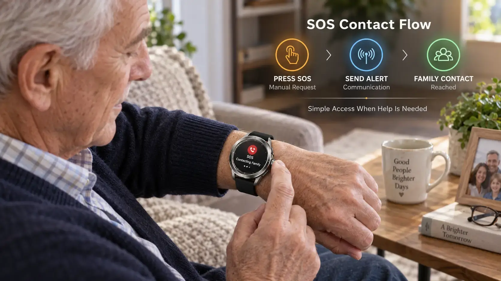 Senior pressing the SOS function on a voice call watch to contact family.