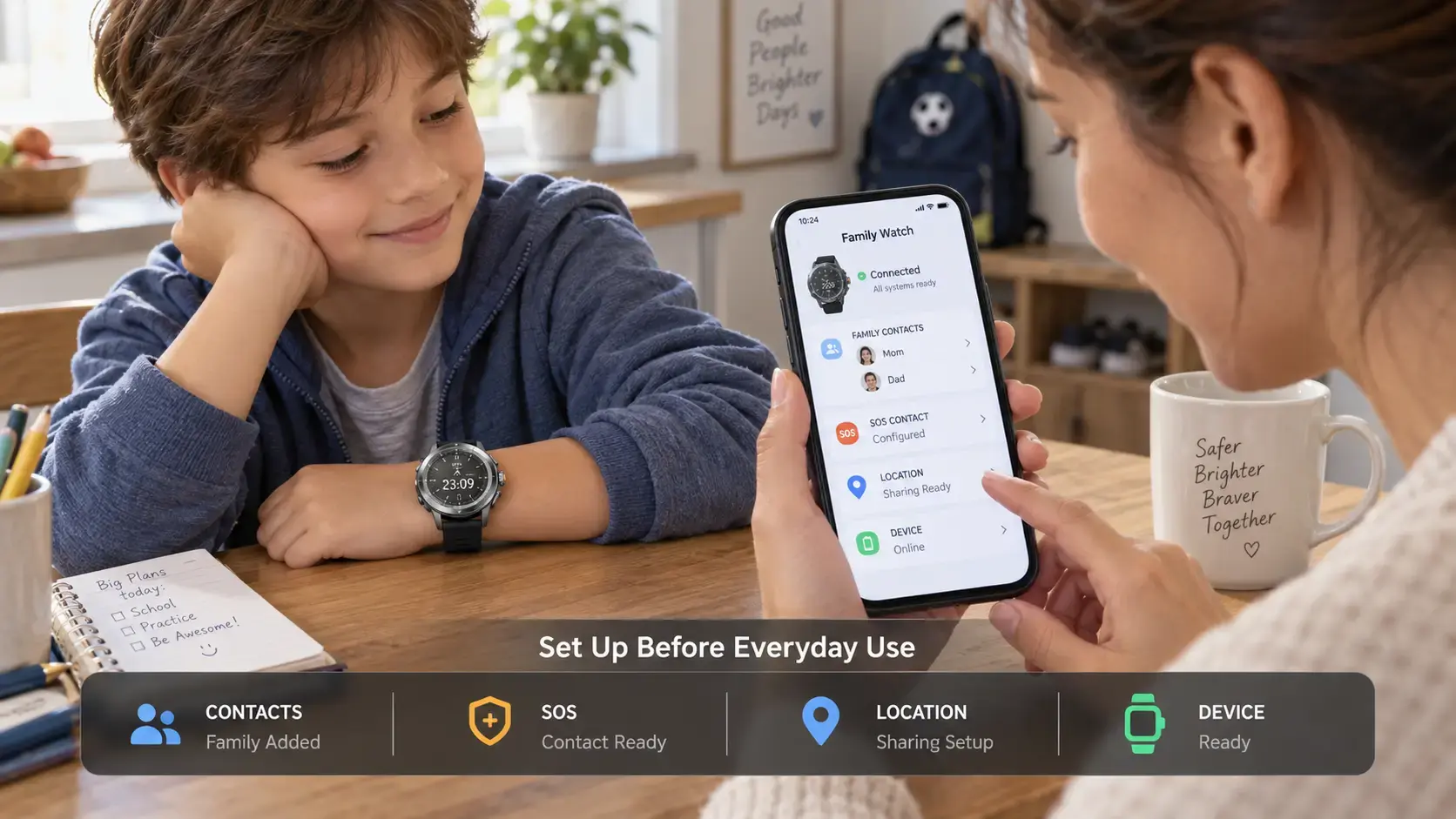 Parent configuring family contacts and safety settings for a child's voice call watch. Parent configuring family contacts and safety settings for a child's voice call watch.