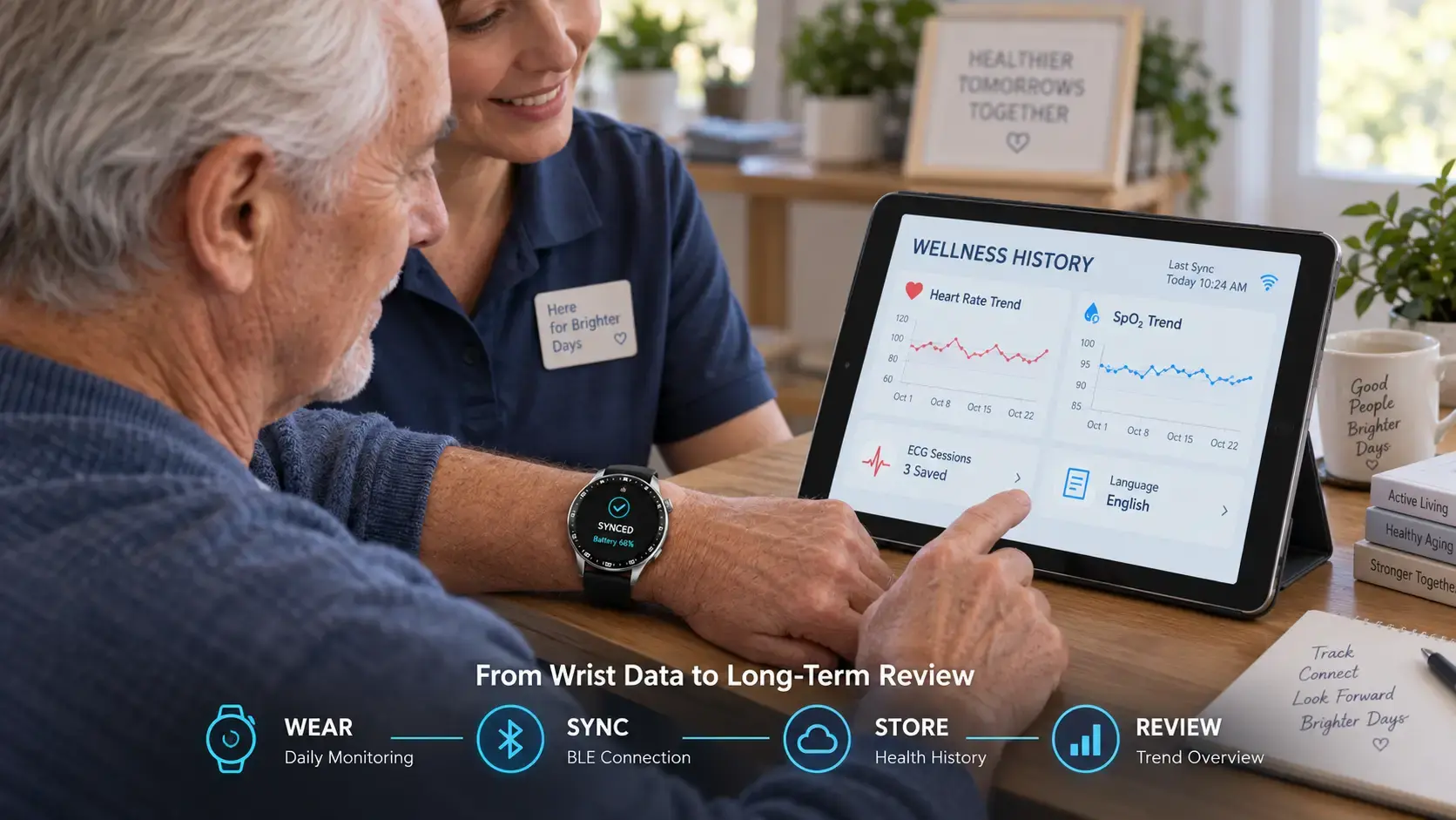 User reviewing smartwatch ECG and SpO₂ trends in a connected wellness program. User reviewing smartwatch ECG and SpO₂ trends in a connected wellness program.