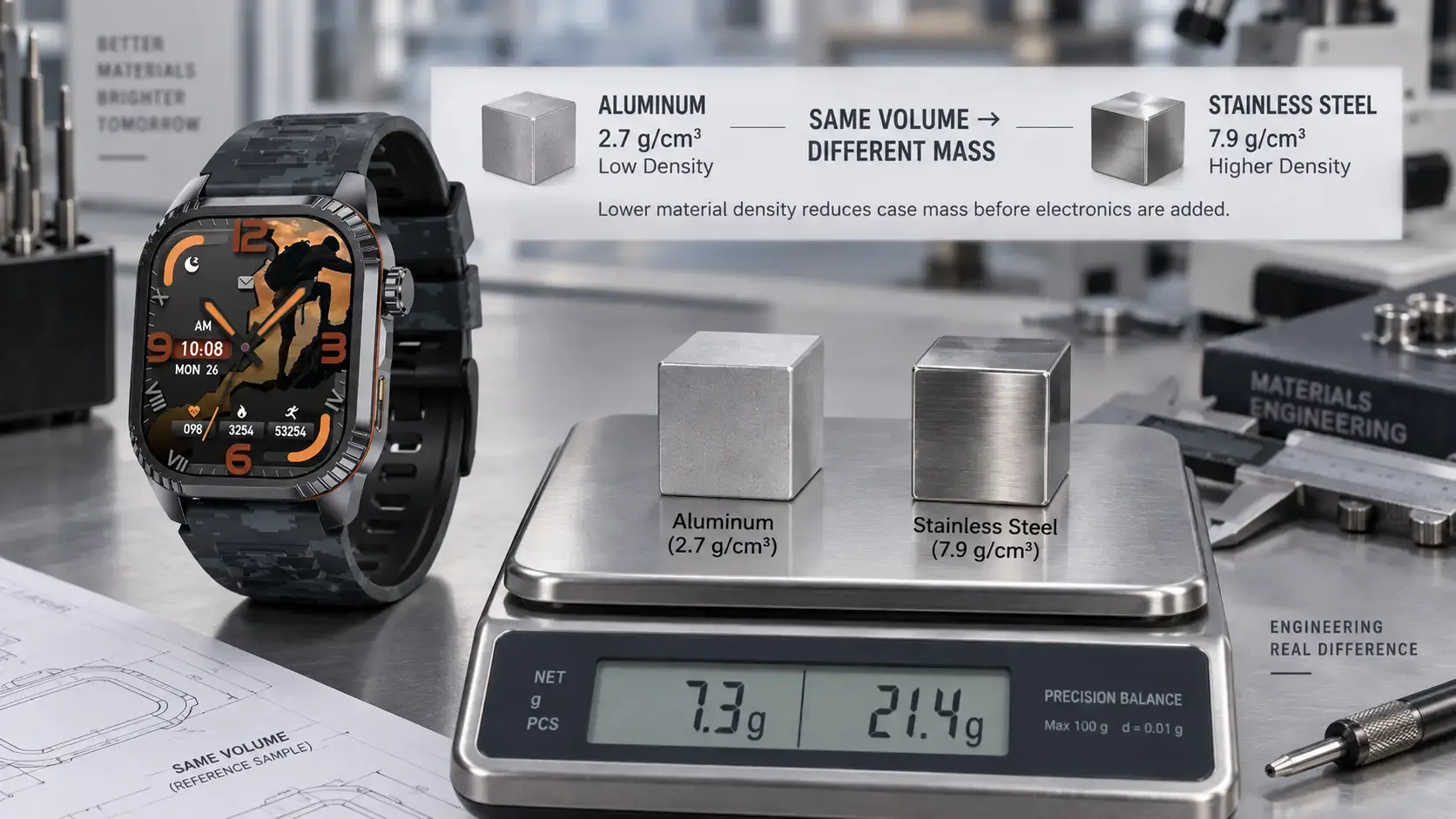 Engineering comparison showing aluminum's lower density than stainless steel.