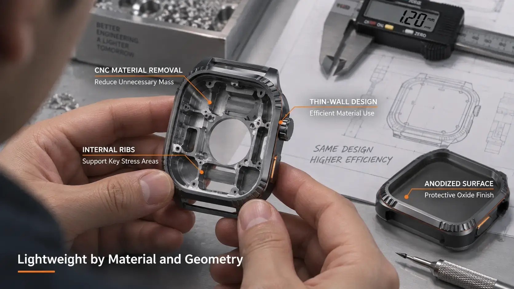 Engineer inspecting a CNC-machined lightweight aluminum smartwatch case. Engineer inspecting a CNC-machined lightweight aluminum smartwatch case.