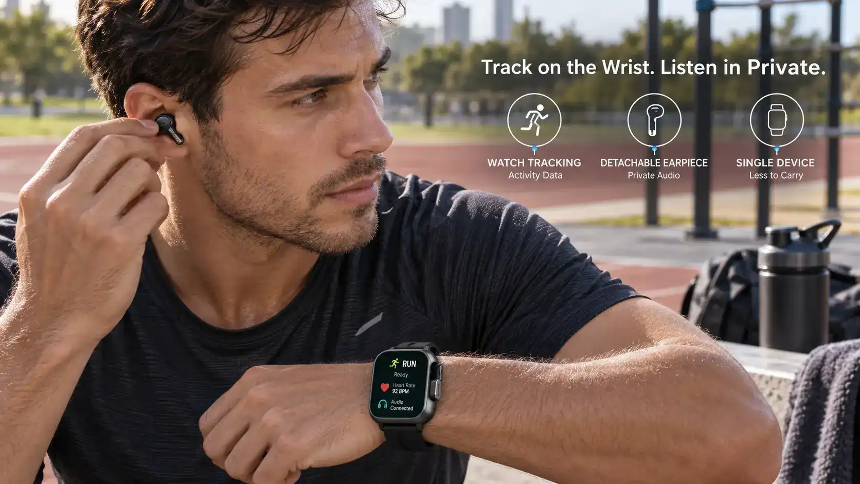 Runner preparing for training with a detachable smartwatch earpiece while the watch remains on the wrist. Runner preparing for training with a detachable smartwatch earpiece while the watch remains on the wrist.