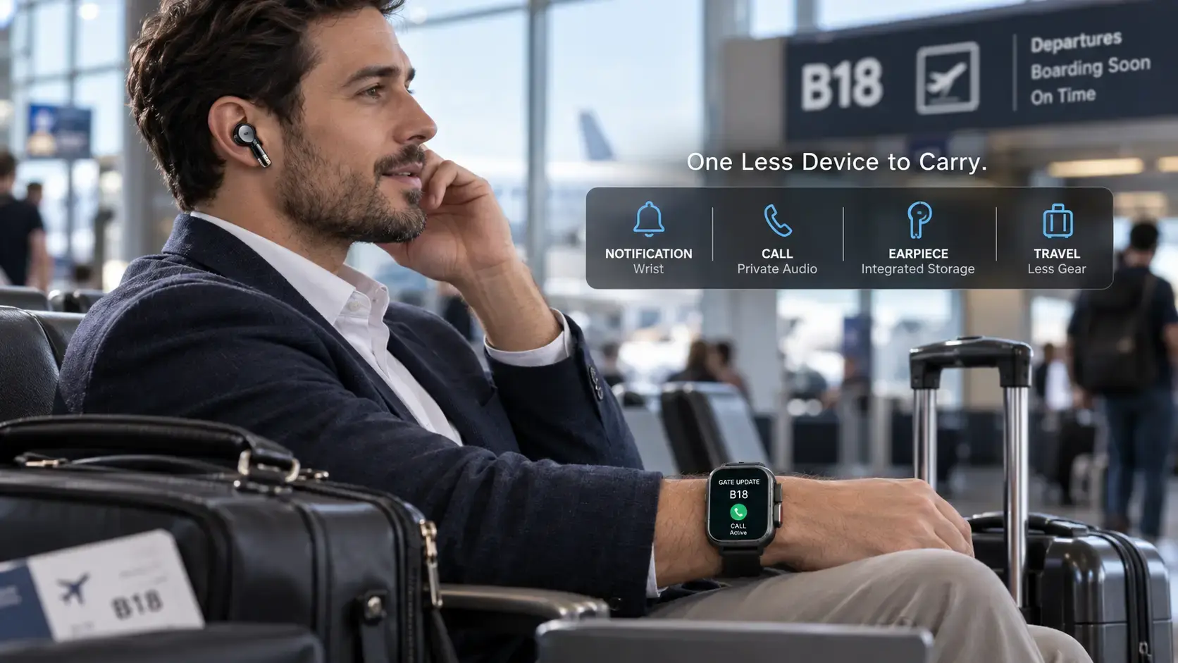 Business traveler using a detachable earpiece from a 2-in-1 smartwatch for a private airport call.
