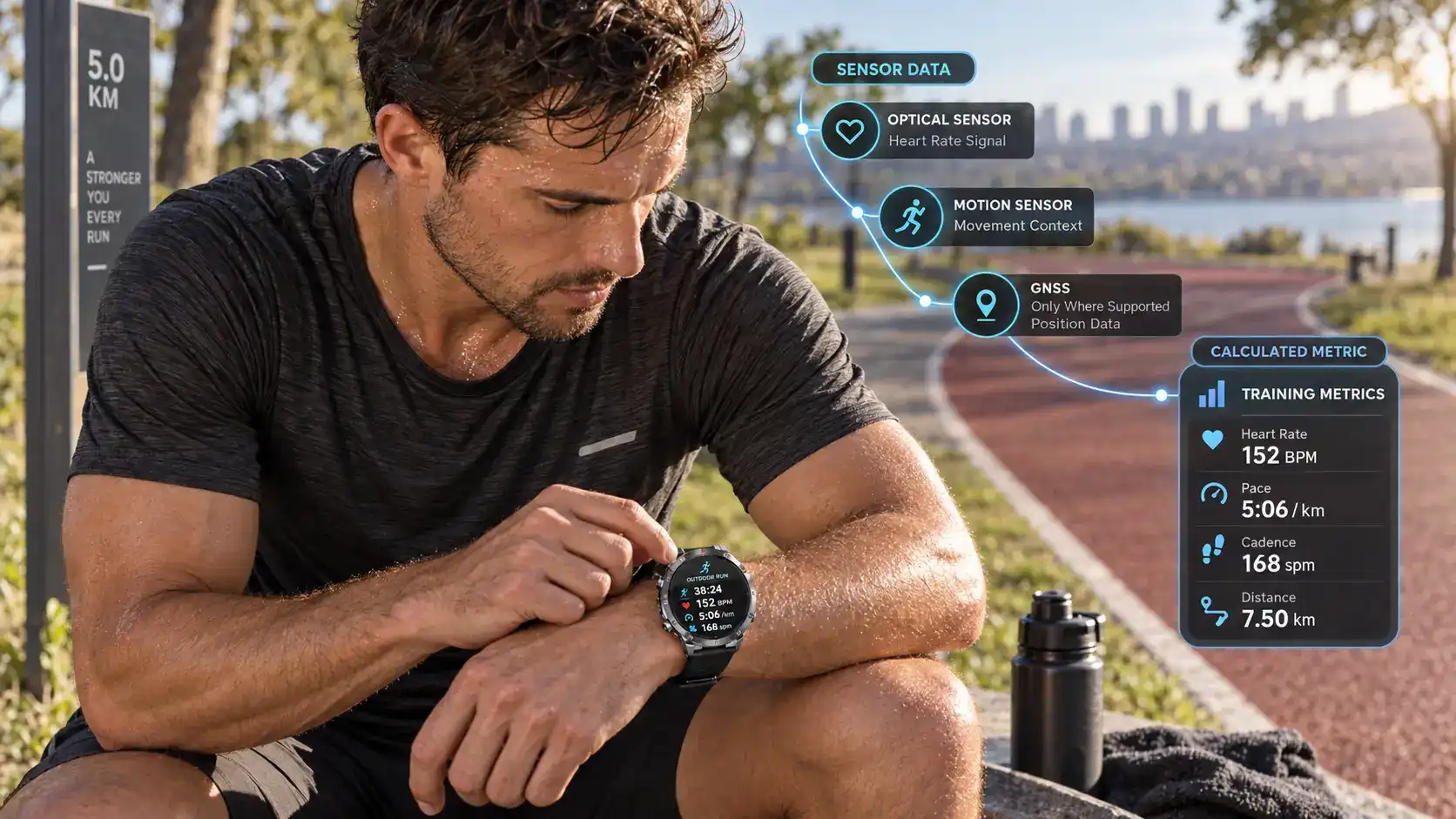 Runner reviewing heart rate, pace, and cadence data on a sports smartwatch after training.