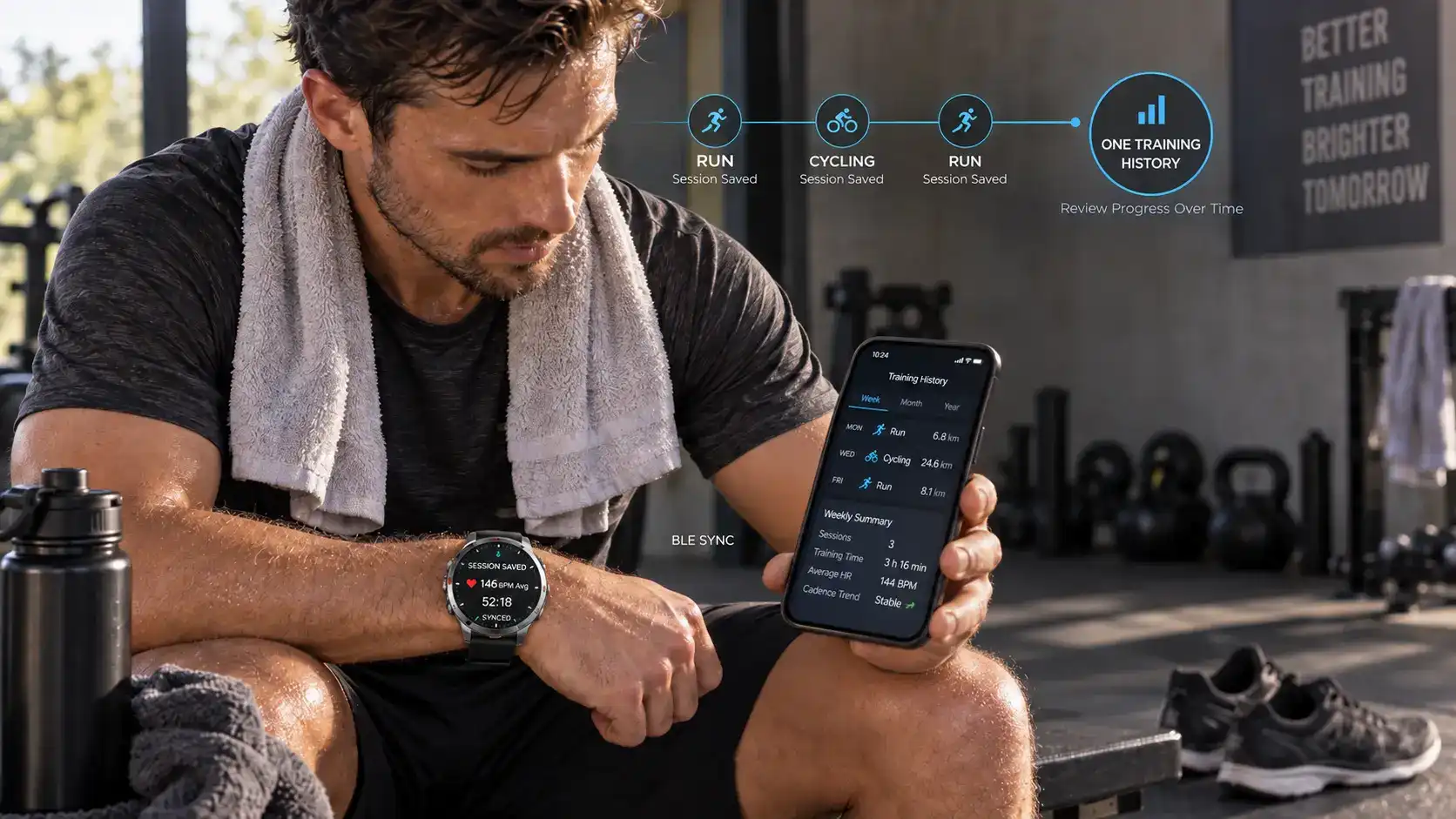 Athlete reviewing synced multi-sport training history from a smartwatch on a smartphone.