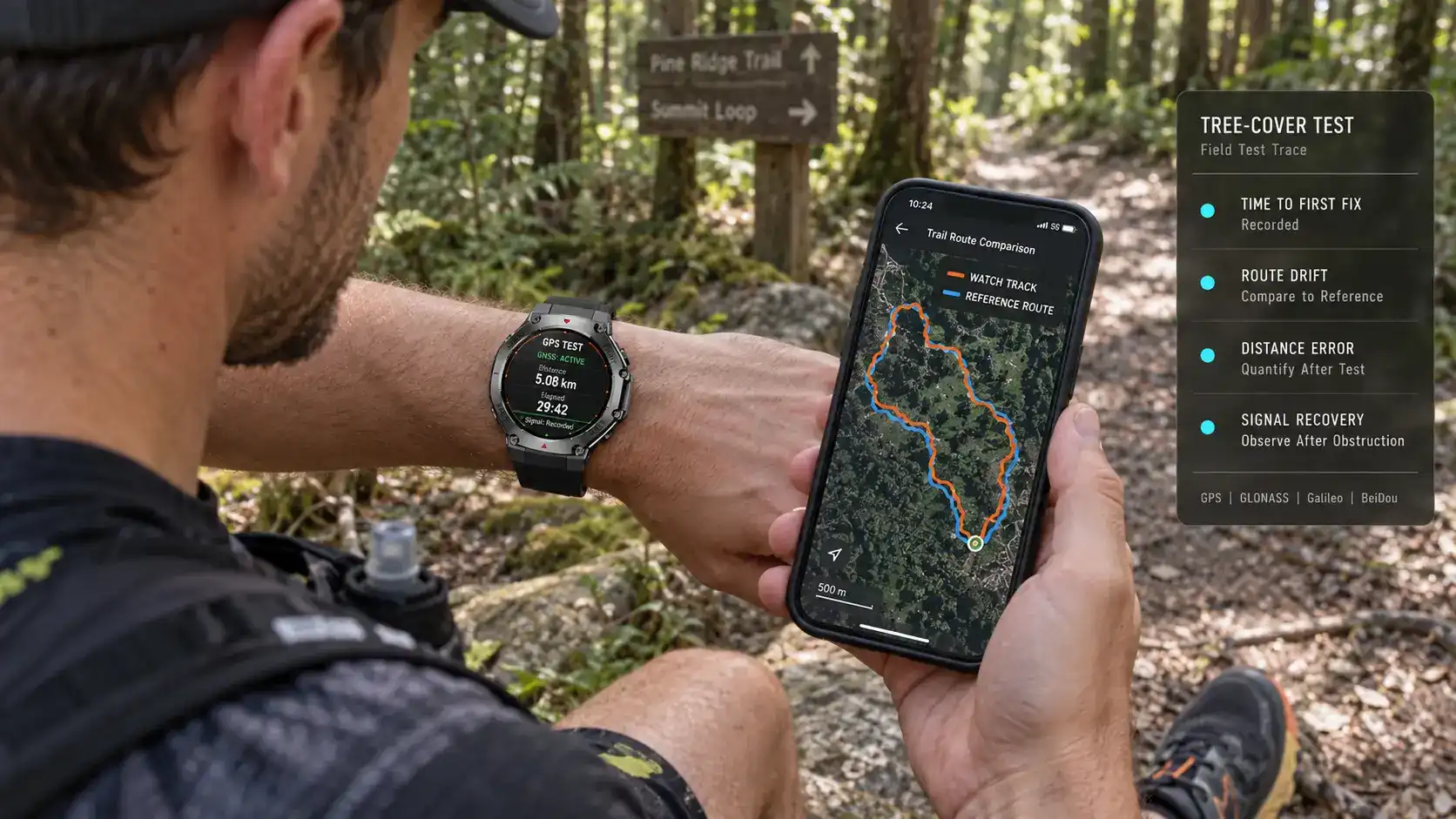 Tester comparing smartwatch GPS tracking with a reference route on a forest trail. Tester comparing smartwatch GPS tracking with a reference route on a forest trail.