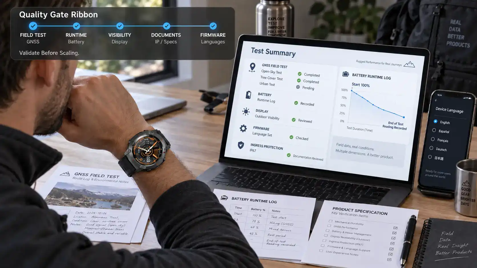 Engineer reviewing GPS, battery, display and firmware test results for a sports smartwatch. Engineer reviewing GPS, battery, display and firmware test results for a sports smartwatch.