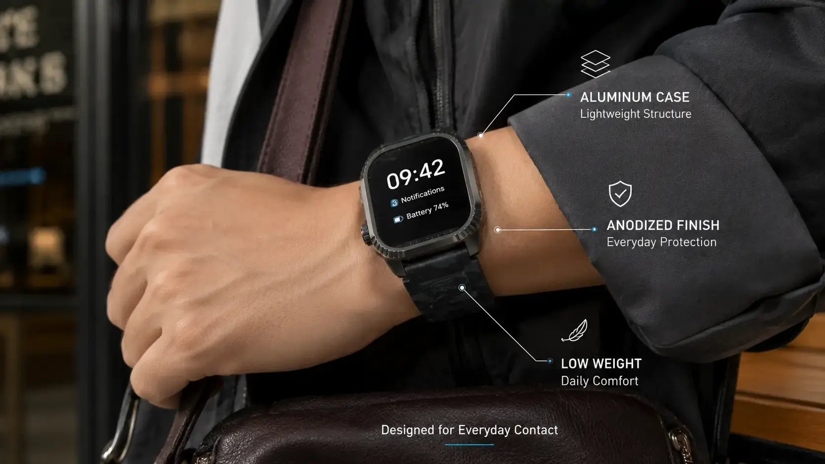 Close-up of an aluminum smartwatch case during everyday wear.