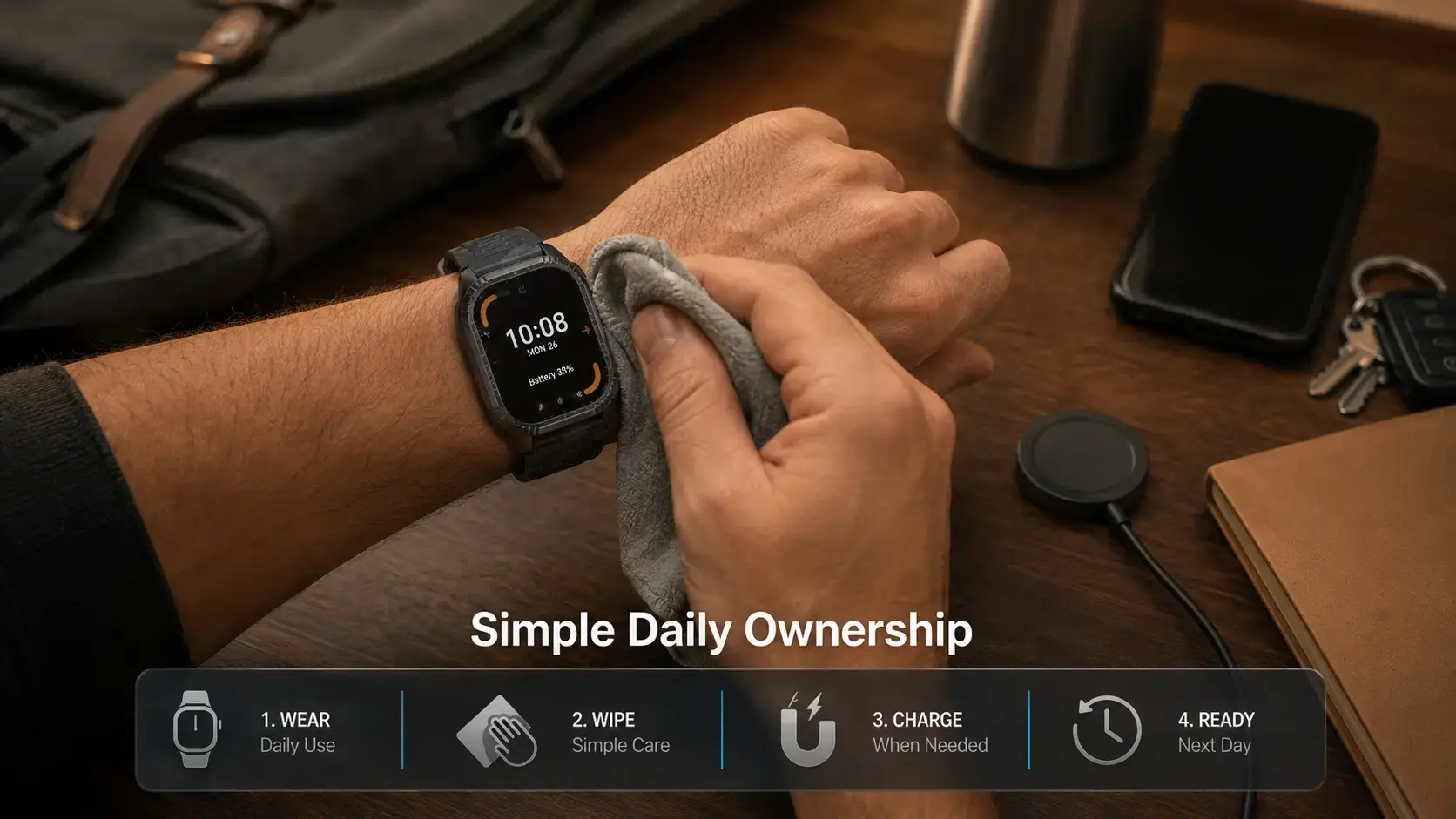 User cleaning an aluminum smartwatch after a normal day of wear.