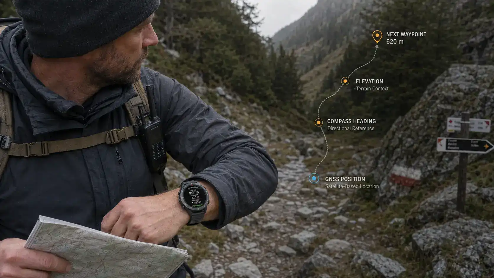 User checking GPS, compass and elevation data at a remote trail waypoint.