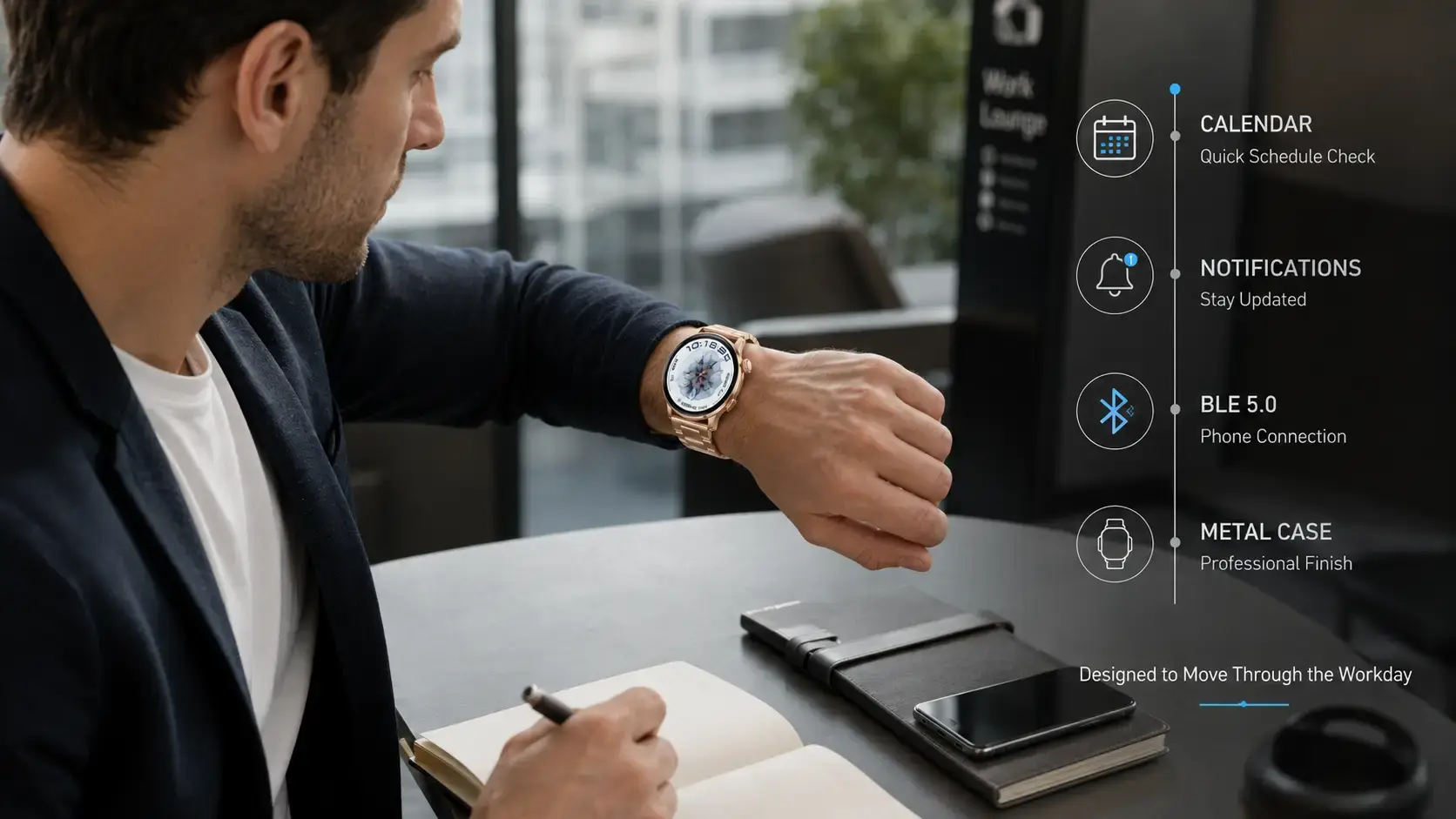 Close-up of a zinc-alloy smartwatch case and leather strap during professional daily wear.