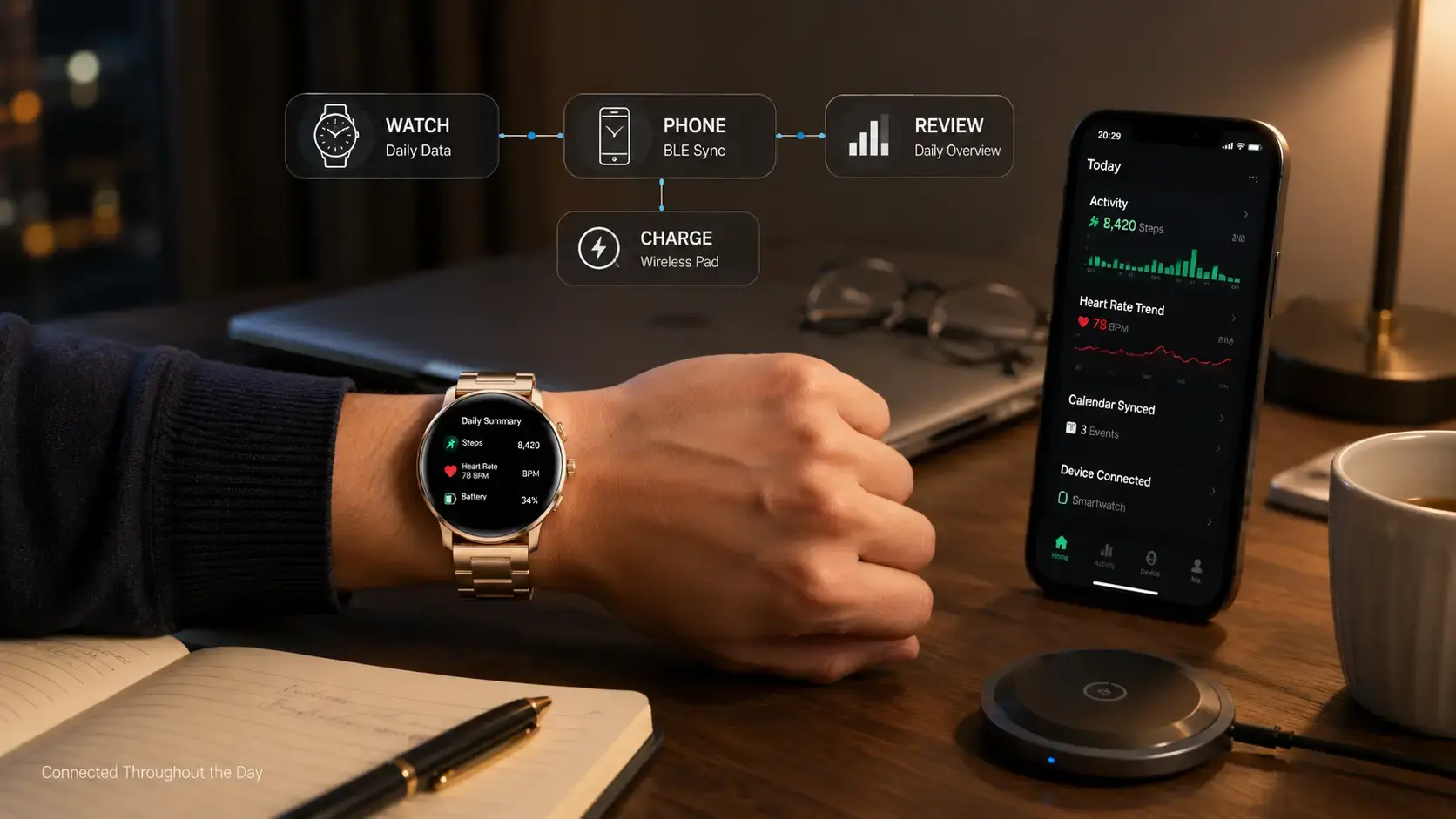 Professional reviewing daily smartwatch data with smartphone synchronization after work.