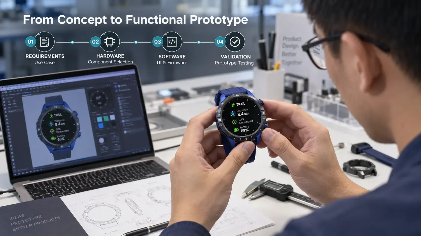 Engineer validating a custom GPS outdoor smartwatch prototype in a development studio. Engineer validating a custom GPS outdoor smartwatch prototype in a development studio.