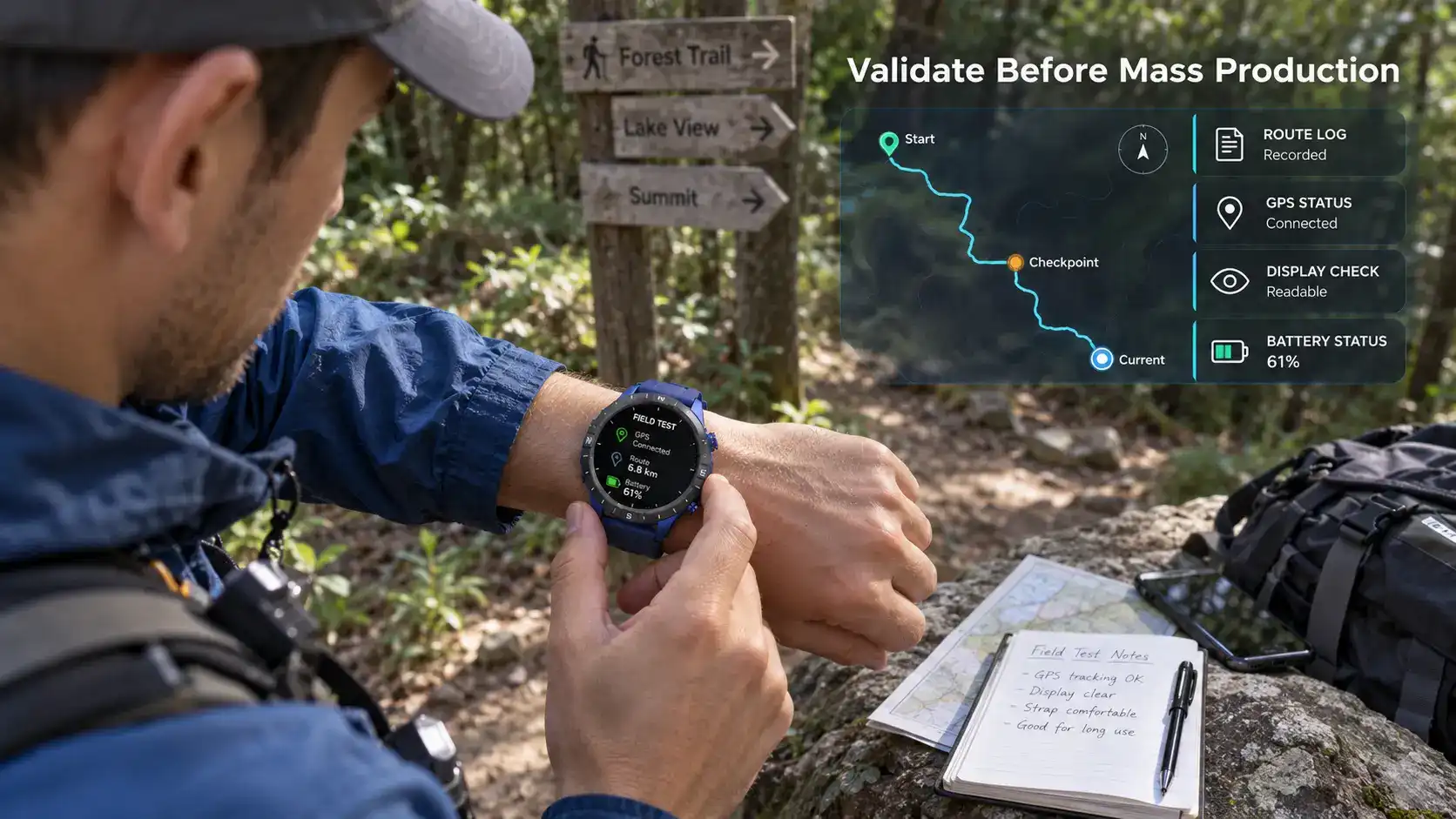 Field tester validating GPS route tracking on an outdoor smartwatch. Field tester validating GPS route tracking on an outdoor smartwatch.