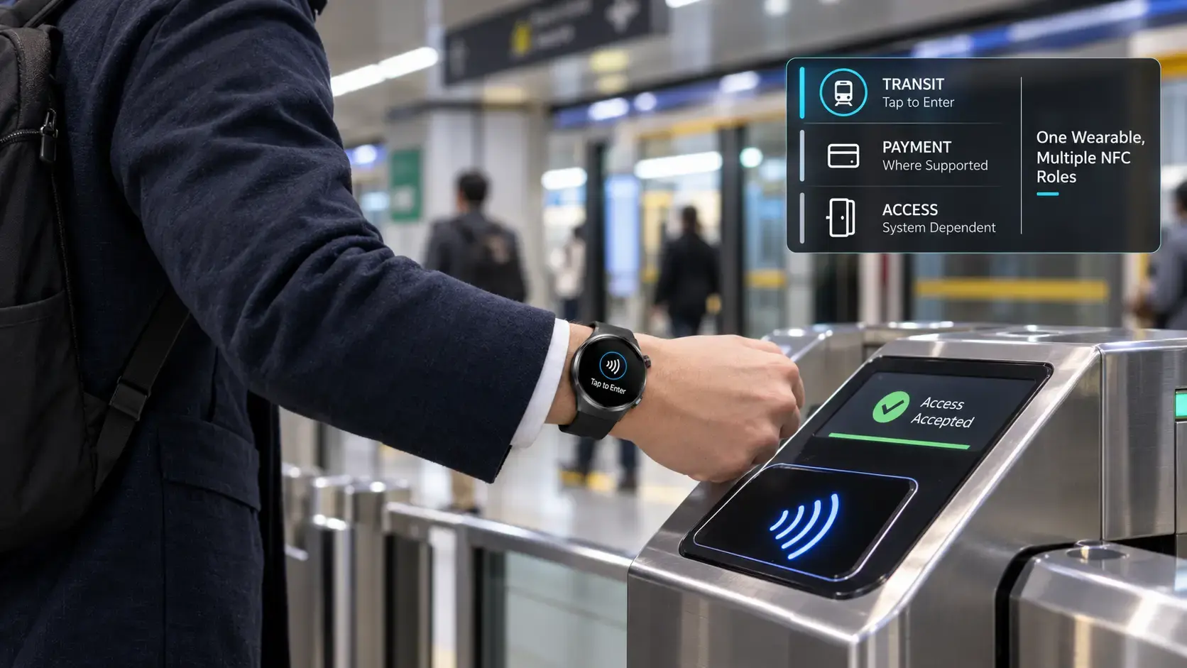 Close-up of an NFC smartwatch communicating with a payment terminal.