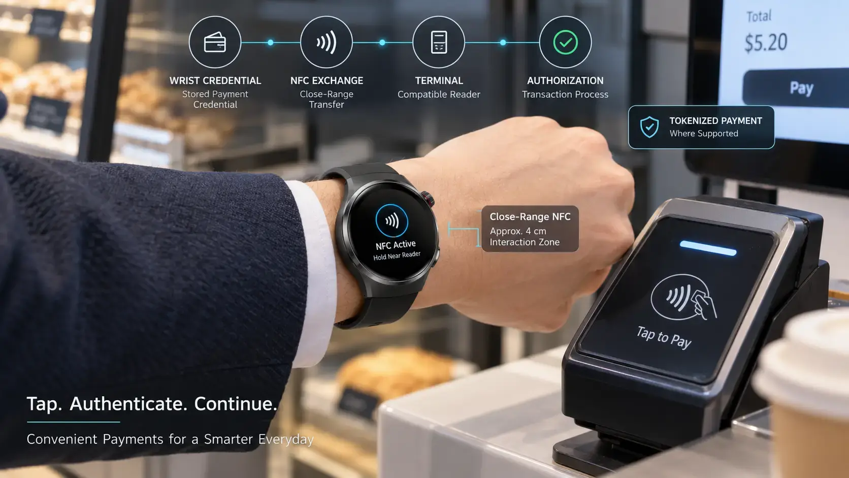 Close-up of an NFC smartwatch communicating with a payment terminal. Close-up of an NFC smartwatch communicating with a payment terminal.