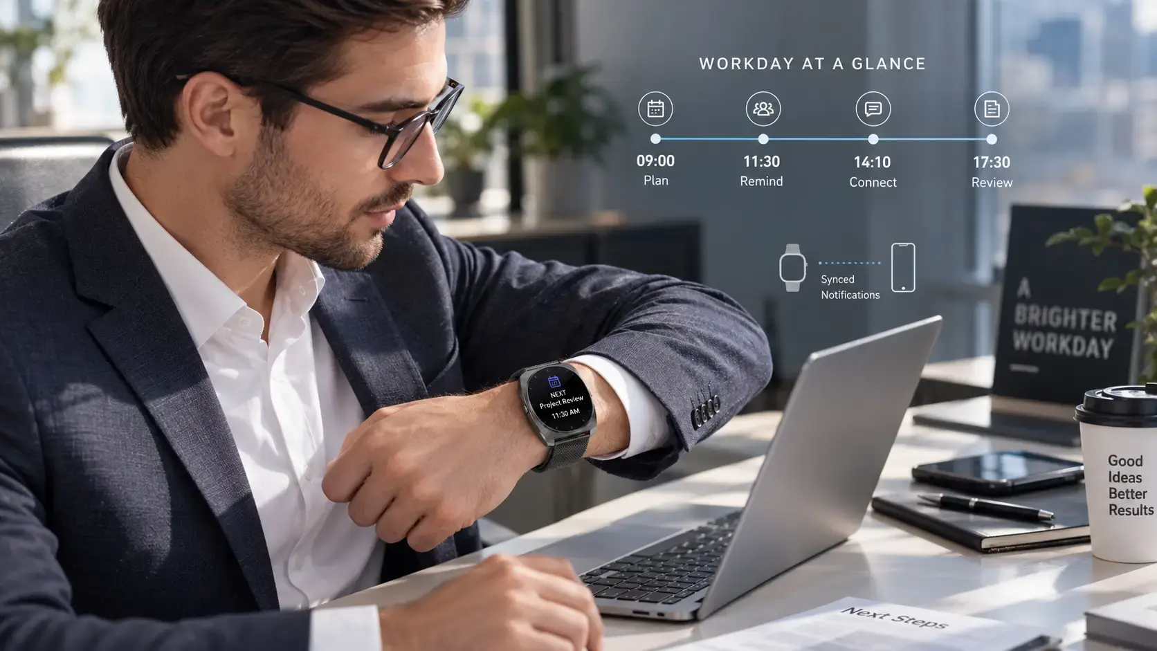 Professional checking a business smartwatch during a normal workday. Professional checking a business smartwatch during a normal workday.