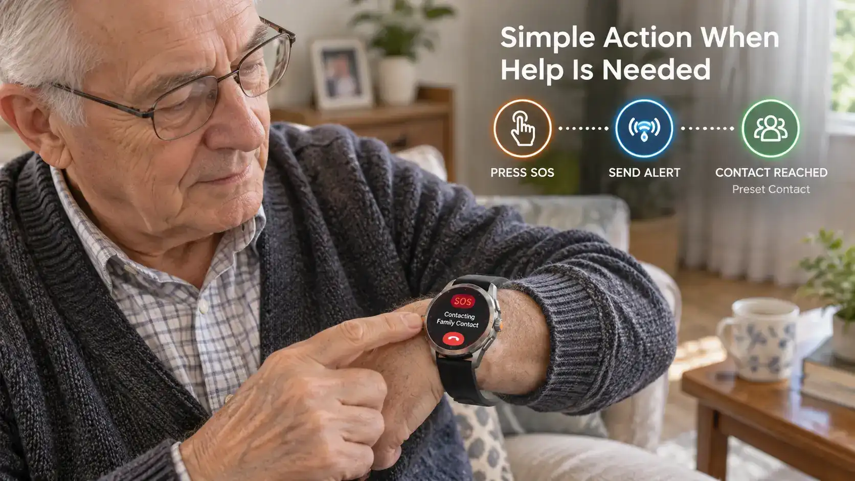 Senior pressing the SOS button on a voice call safety watch.