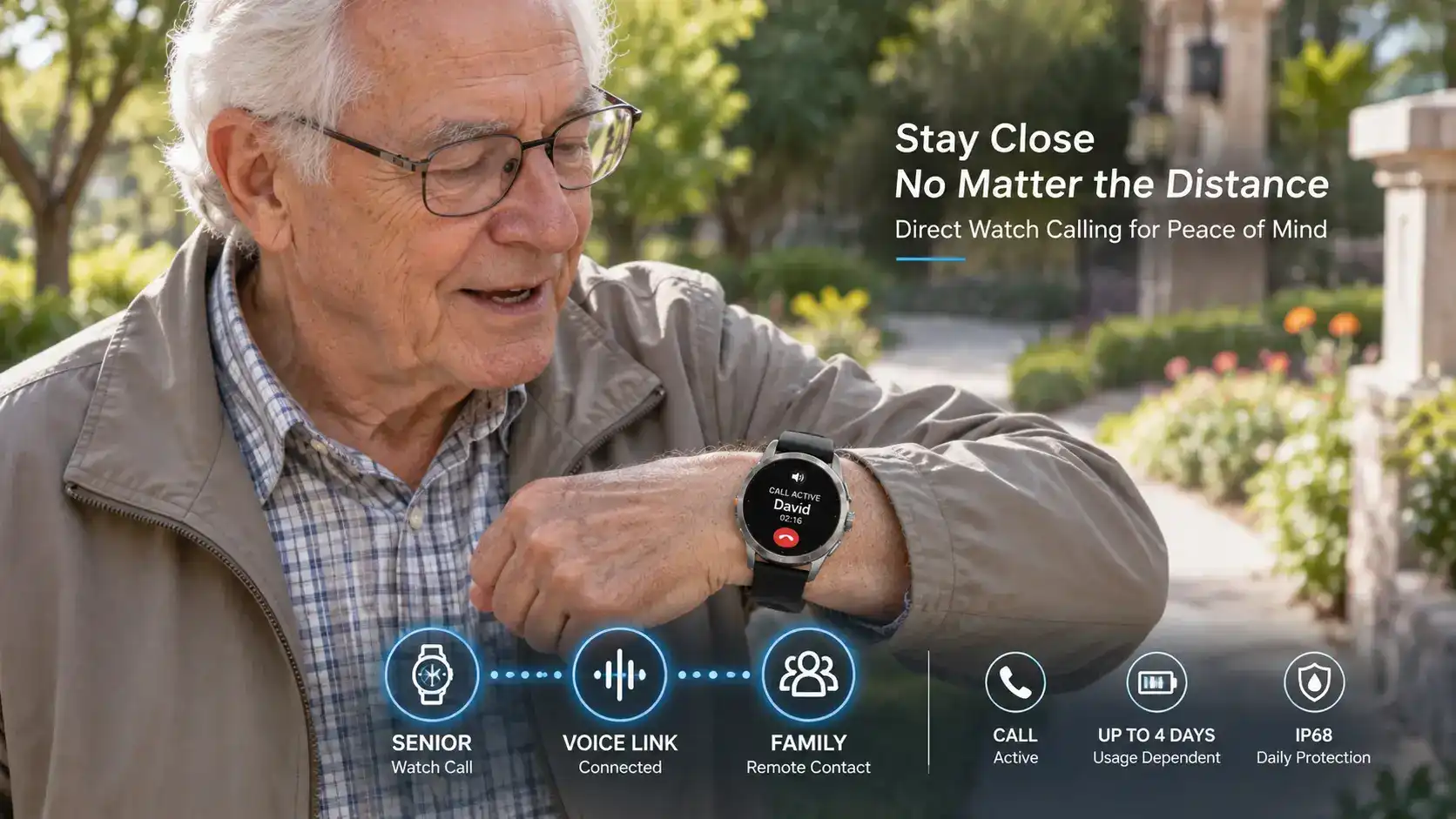 Senior making a remote voice call from a safety smartwatch outdoors.