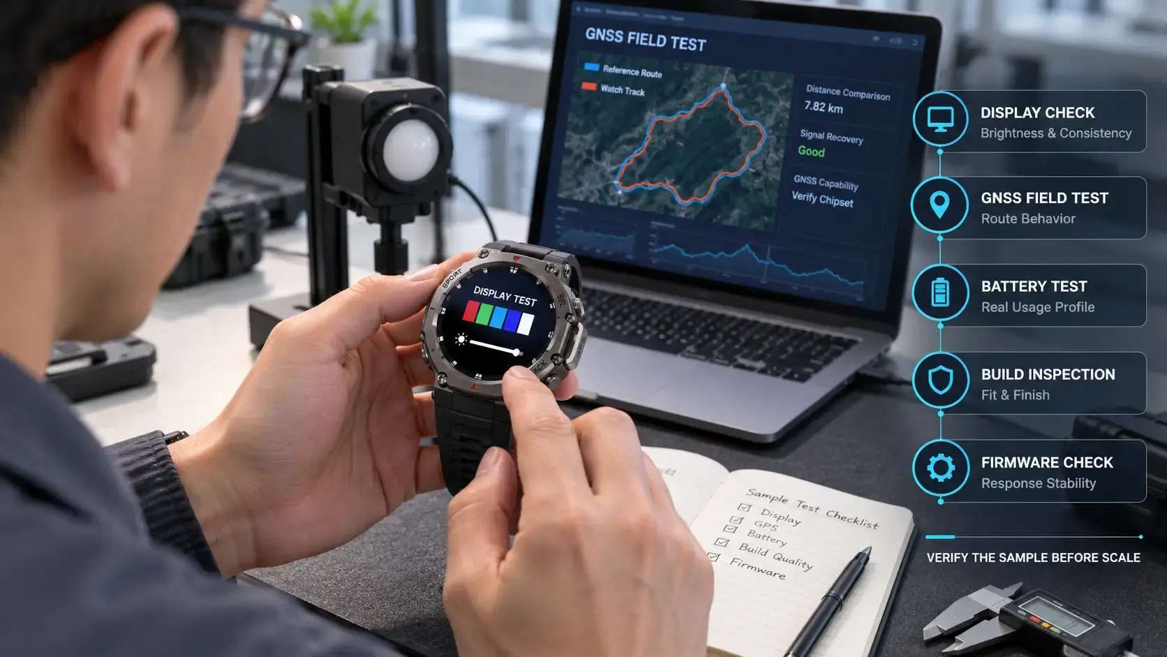 Engineer testing an AMOLED smartwatch sample before manufacturer selection. Engineer testing an AMOLED smartwatch sample before manufacturer selection.