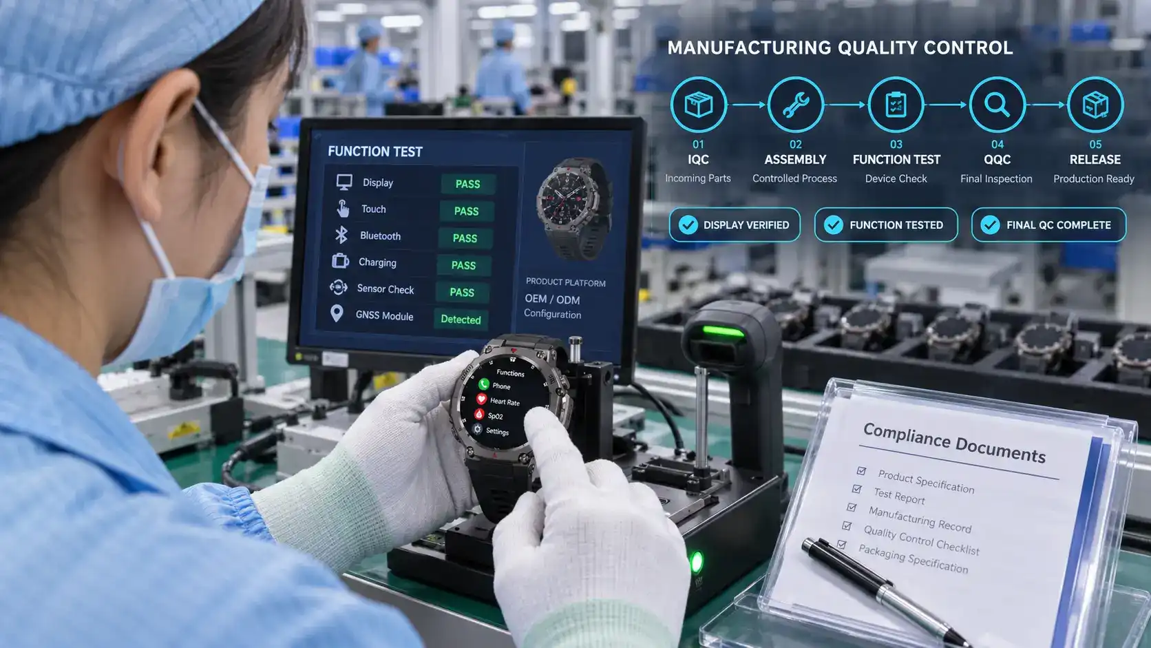 Technician performing final quality control on an AMOLED smartwatch. Technician performing final quality control on an AMOLED smartwatch.