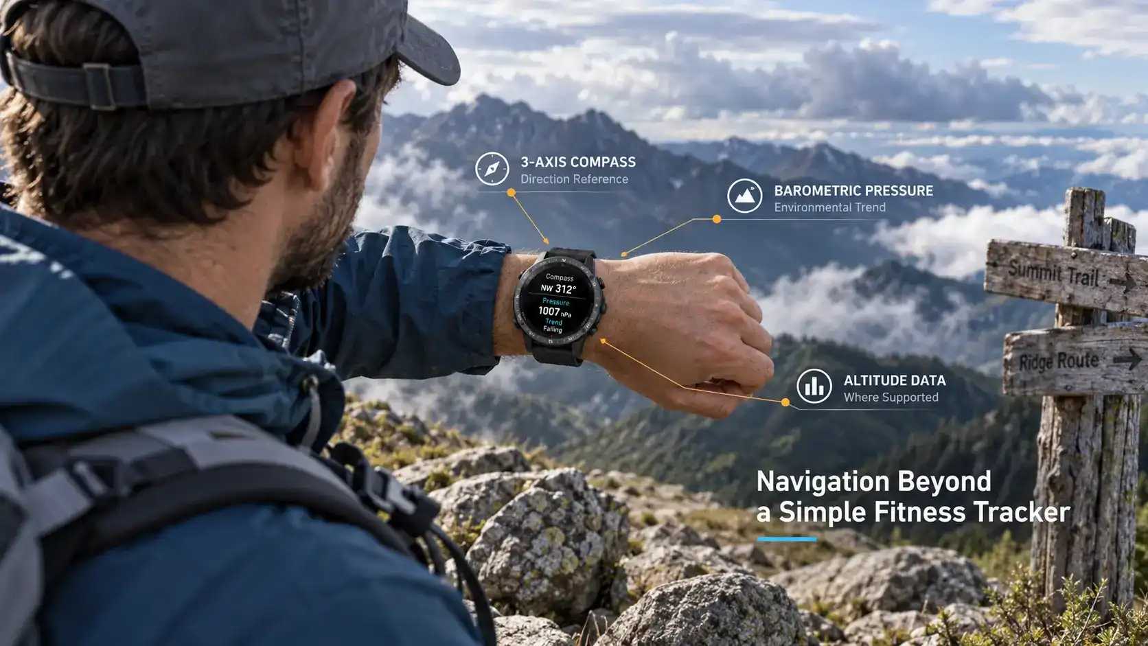 Hiker reviewing compass and pressure data on a rugged smartwatch. Hiker reviewing compass and pressure data on a rugged smartwatch.