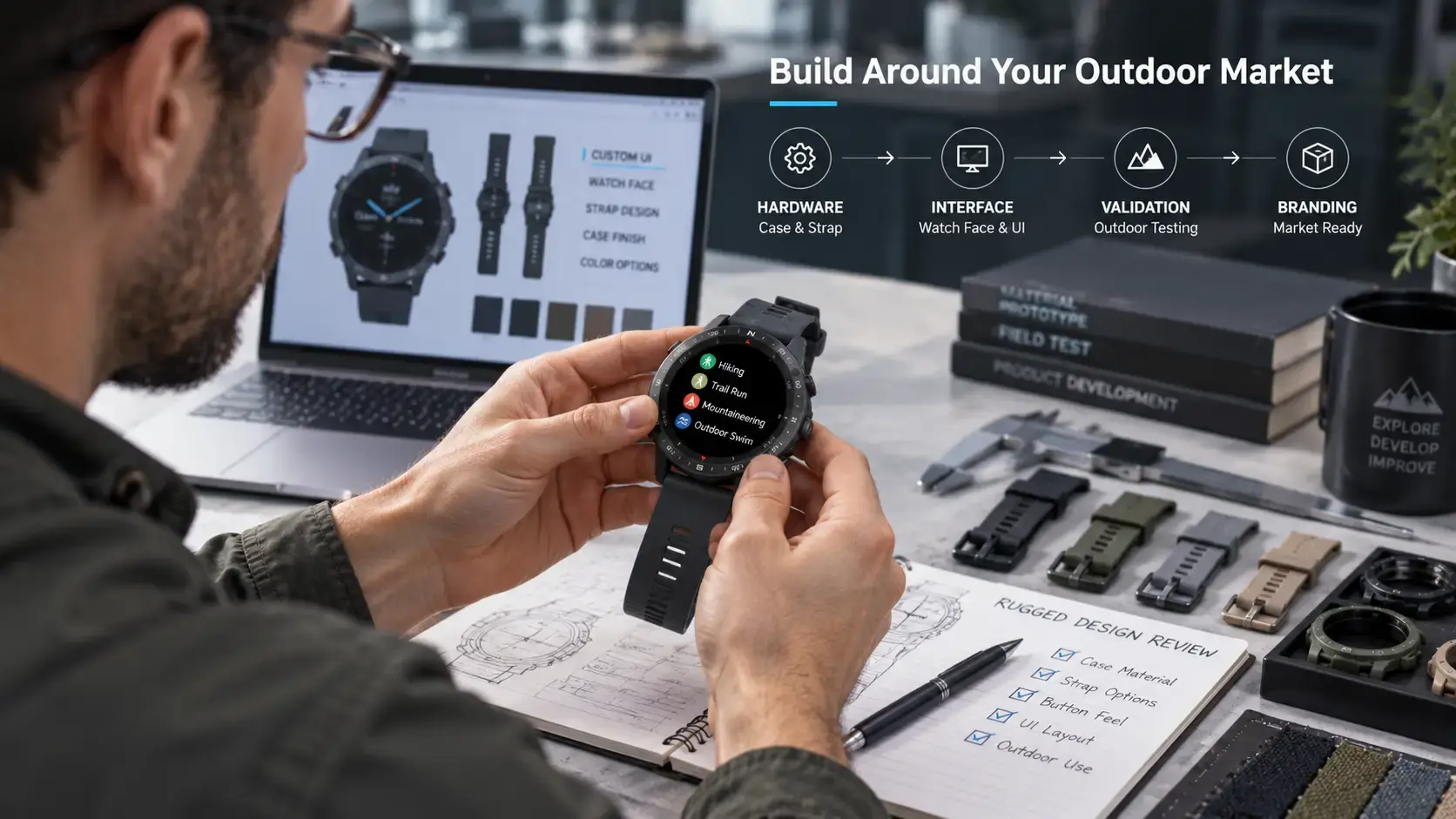 Engineer evaluating a custom rugged GPS smartwatch prototype for branding. Engineer evaluating a custom rugged GPS smartwatch prototype for branding.