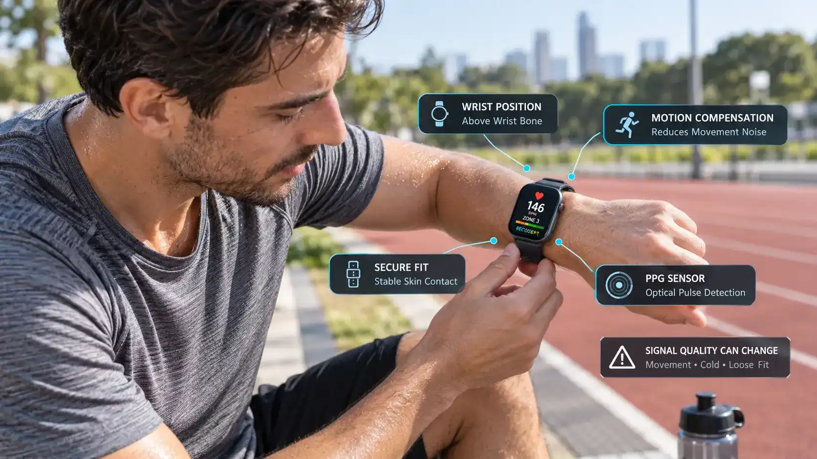 Runner adjusting smartwatch fit for reliable optical heart rate monitoring.