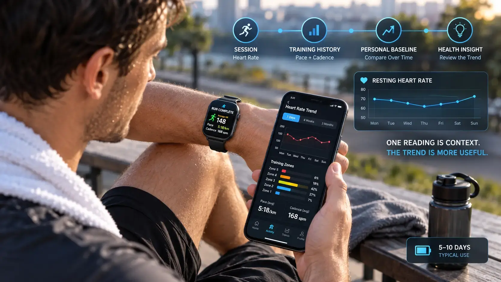 Athlete reviewing heart rate and training trends after a workout. Athlete reviewing heart rate and training trends after a workout.